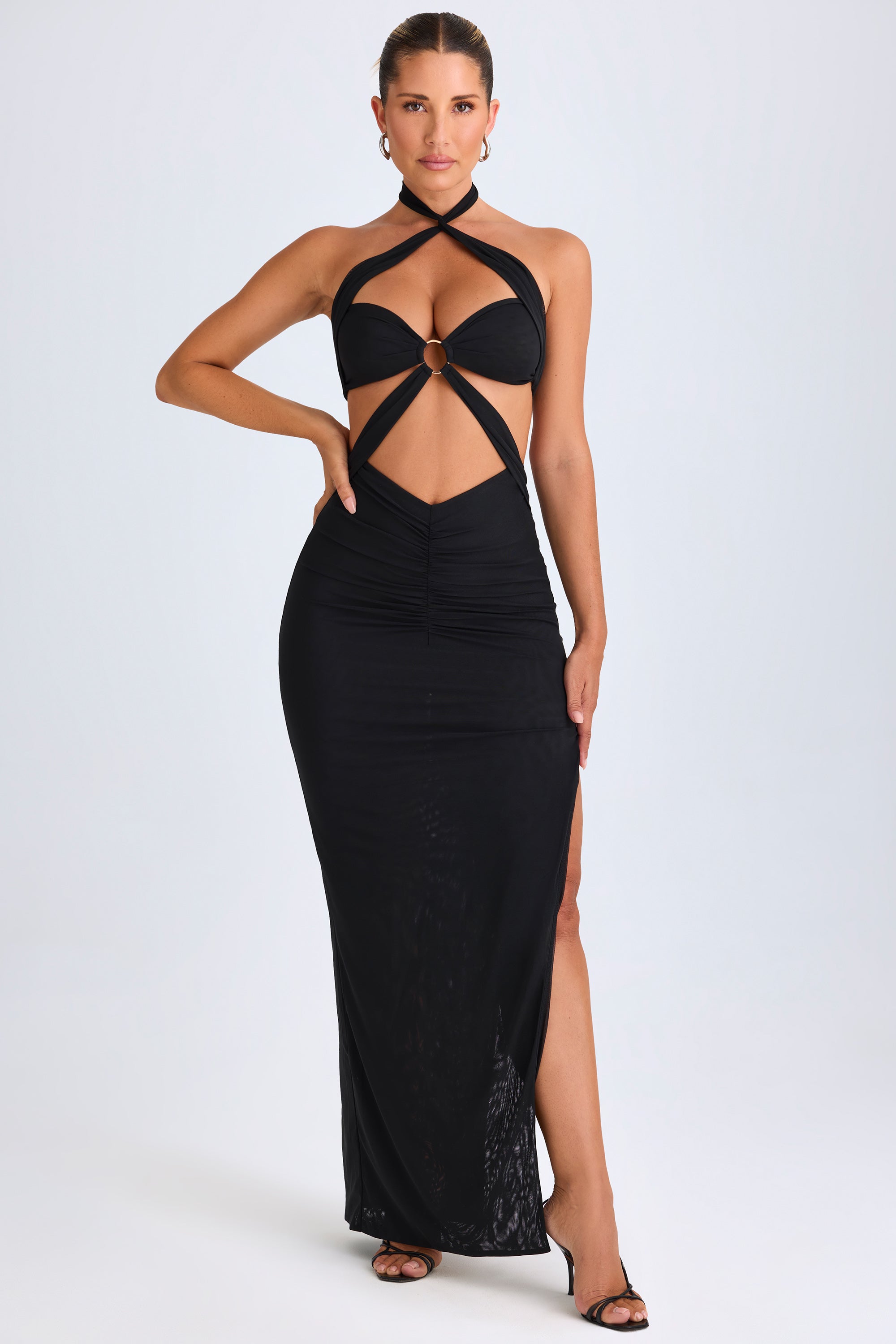 Bethania Hardware Detail Cut-Out Halterneck Maxi Dress in Black