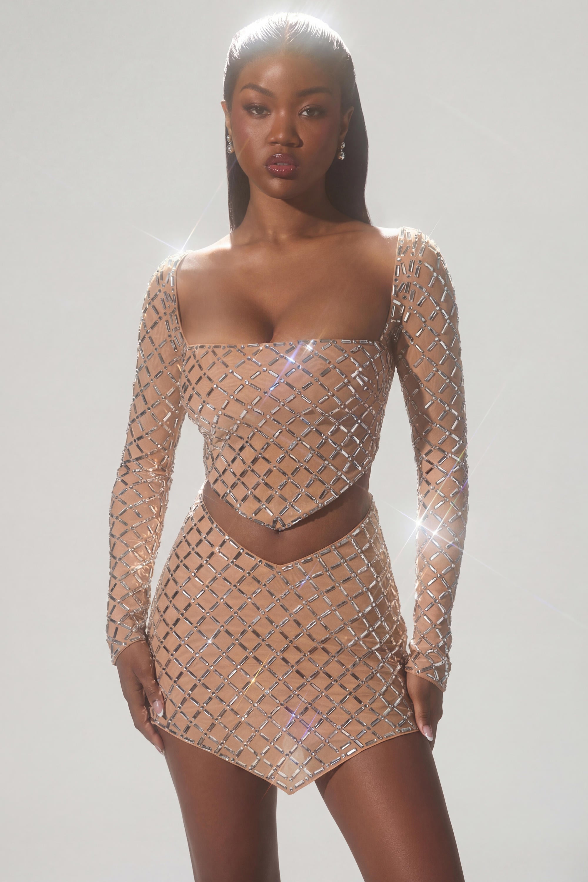 Thora Embellished Asymmetric Crop Top in Almond | Oh Polly