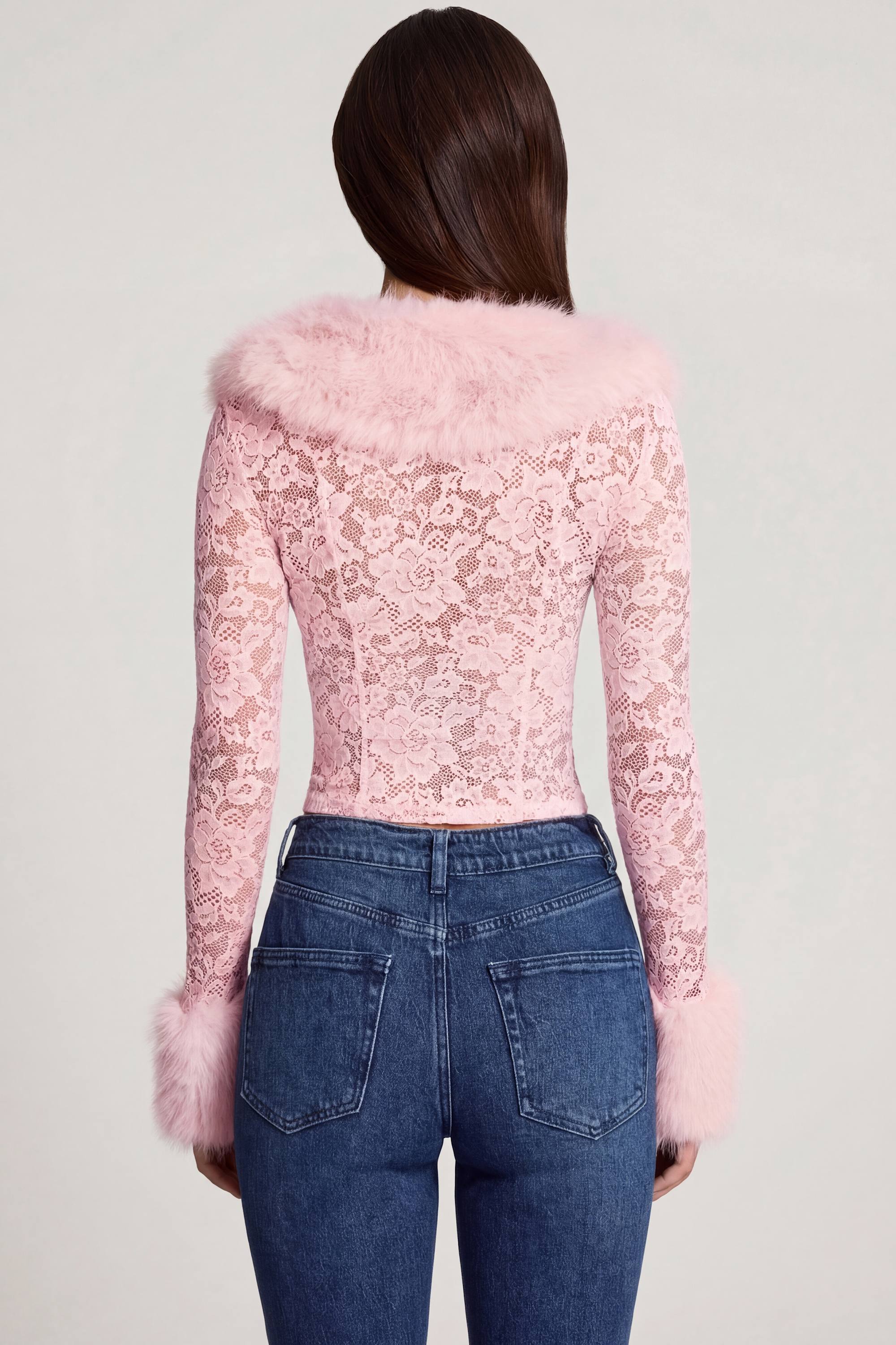 Noemy Faux Fur-Trim Lace Cardigan in Pink | Oh Polly