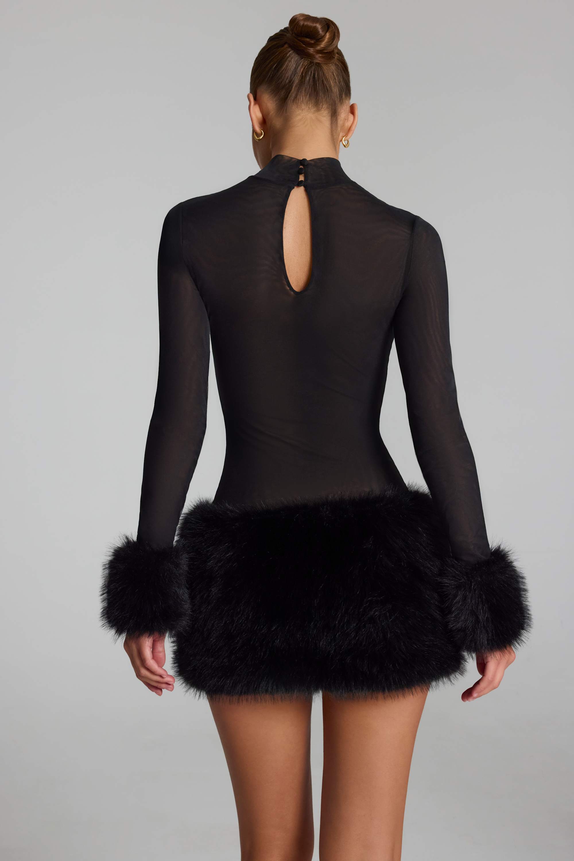 Belladonna Faux Fur-Trim Turtleneck Mini Dress in Black | Oh Polly