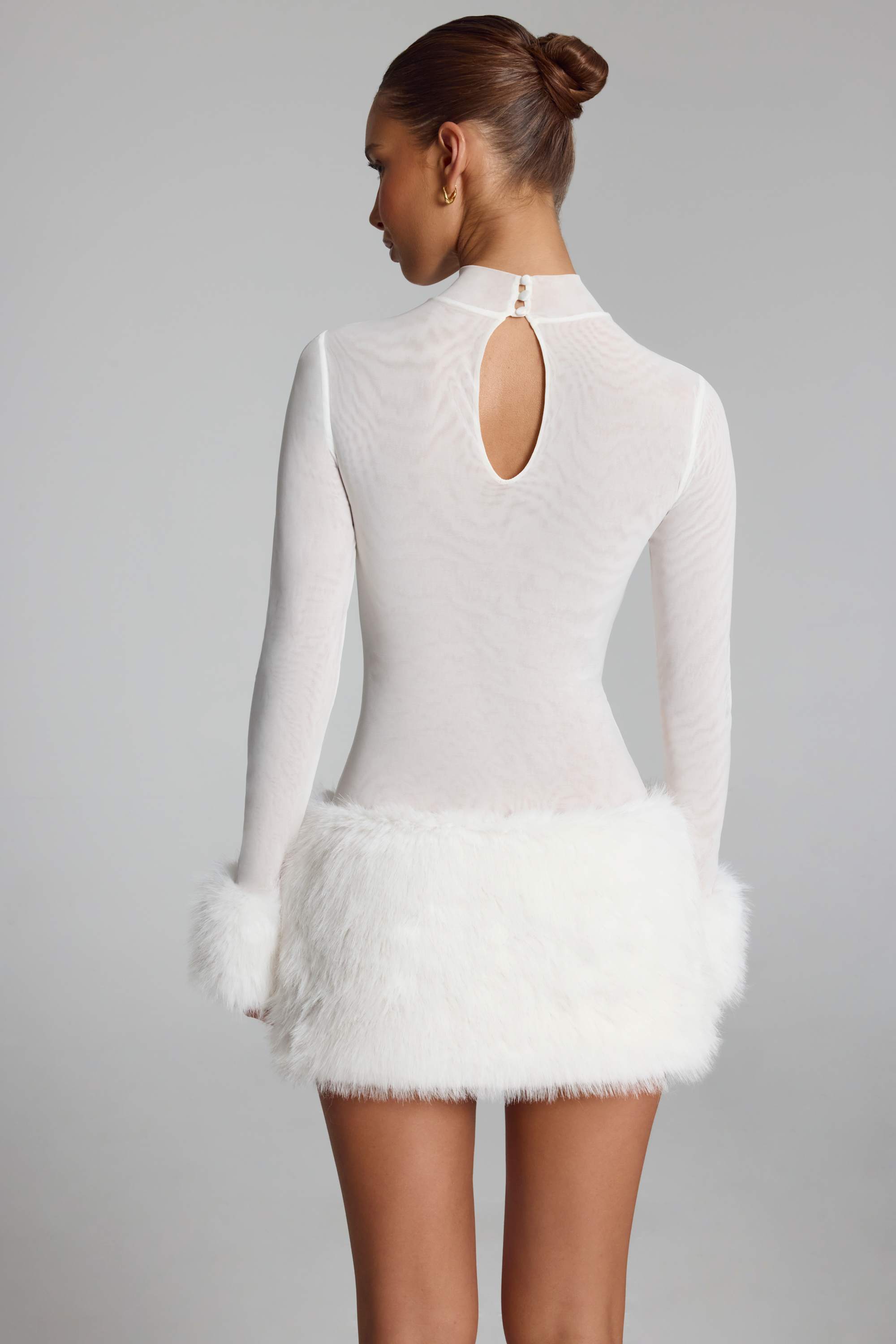 Belladonna Faux Fur-Trim Turtleneck Mini Dress in White | Oh Polly