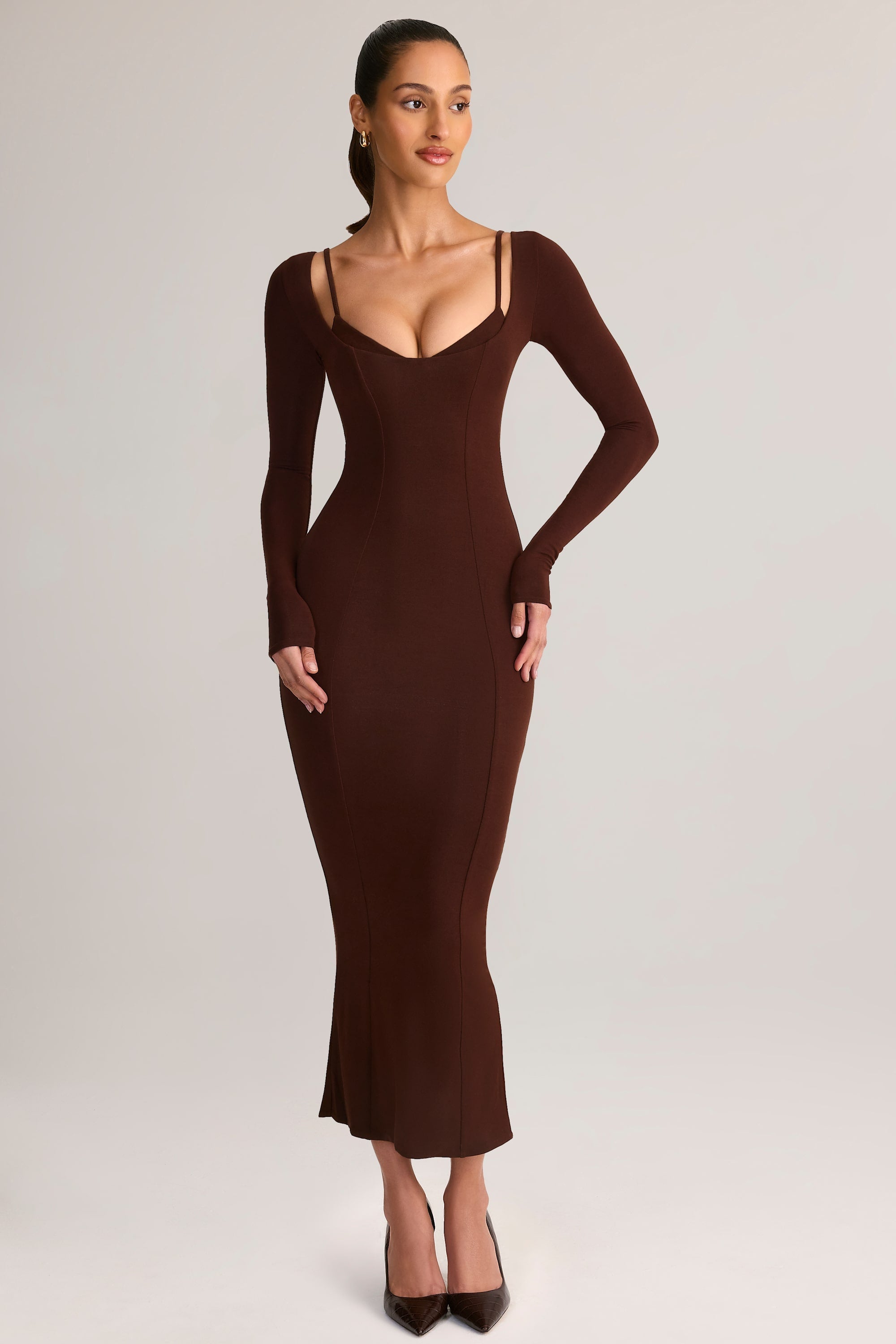 Ori Modal Peekaboo Long-Sleeve Midi Dress in Chocolate Brown