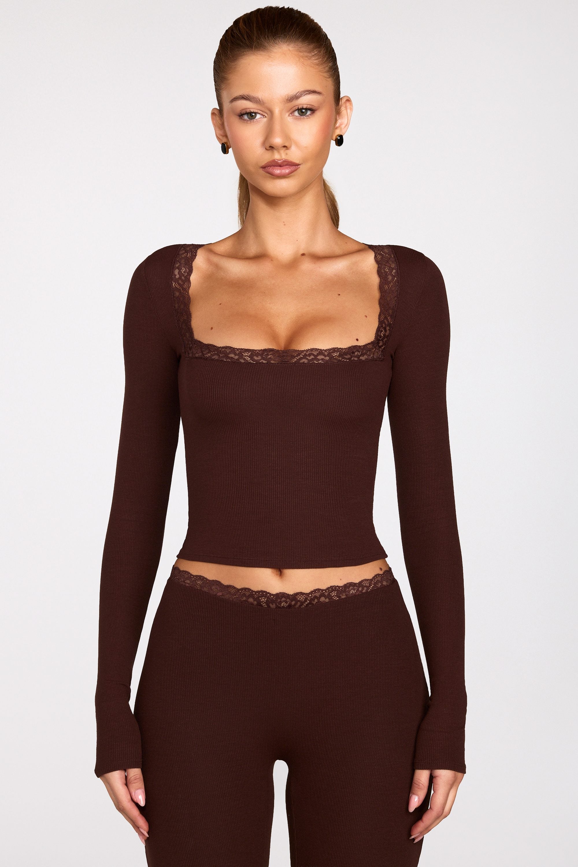 Retta Modal Square-Neck Long-Sleeve Top in Chocolate Brown | Oh Polly