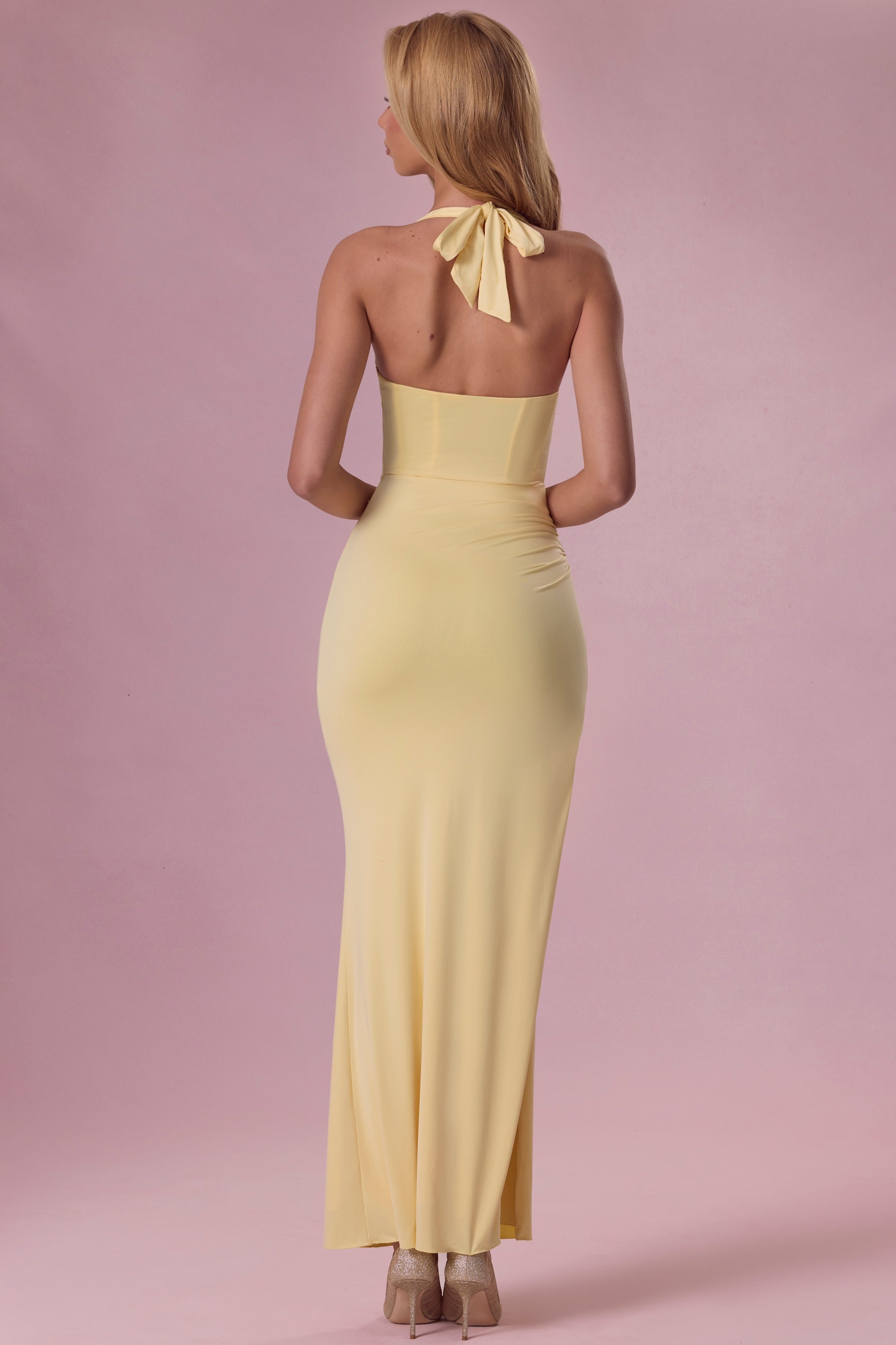 Olivette Premium Jersey Draped Corset Gown in Butter Yellow | Oh Polly