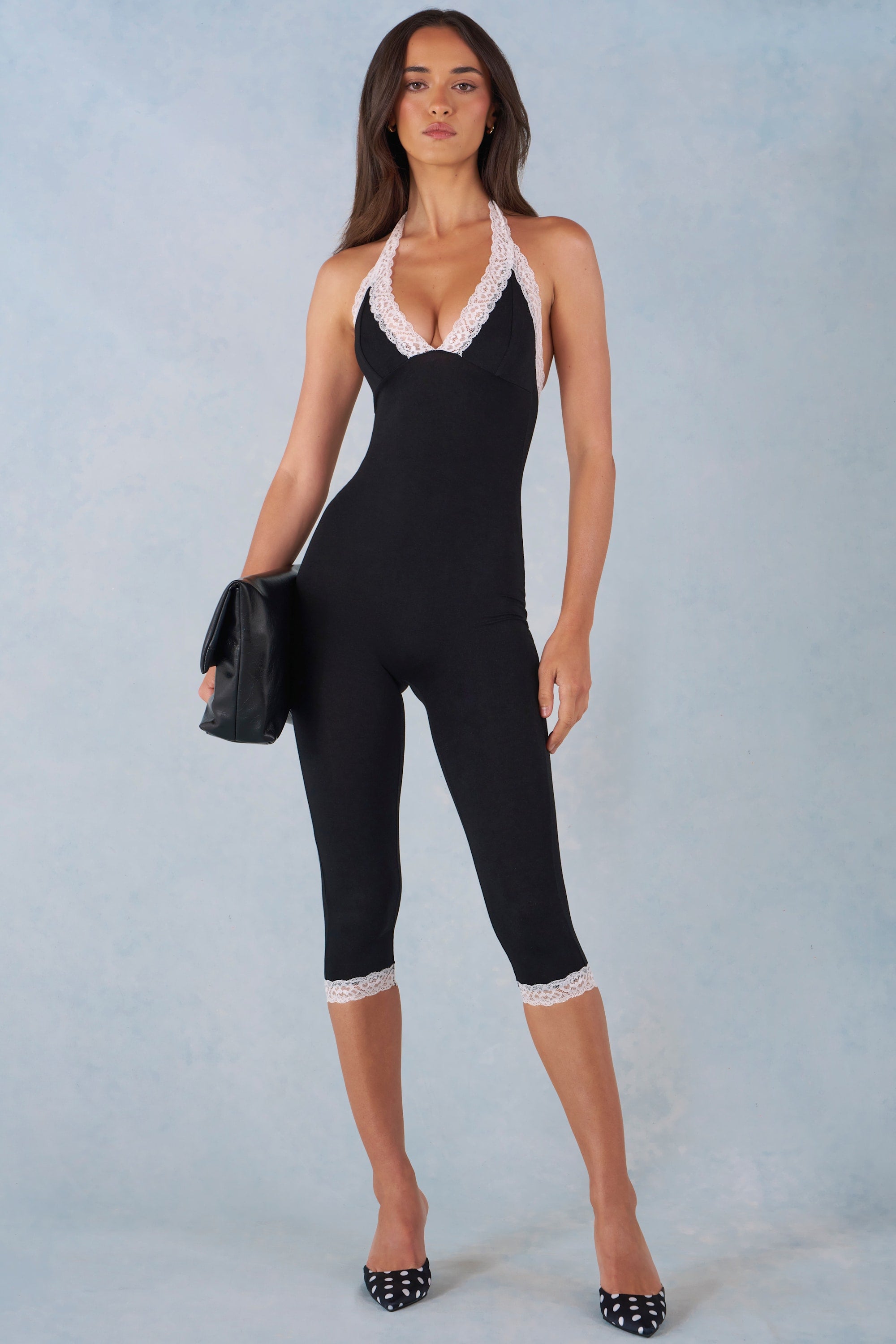 Calla Modal Lace-Trim Capri Jumpsuit in Black | Oh Polly