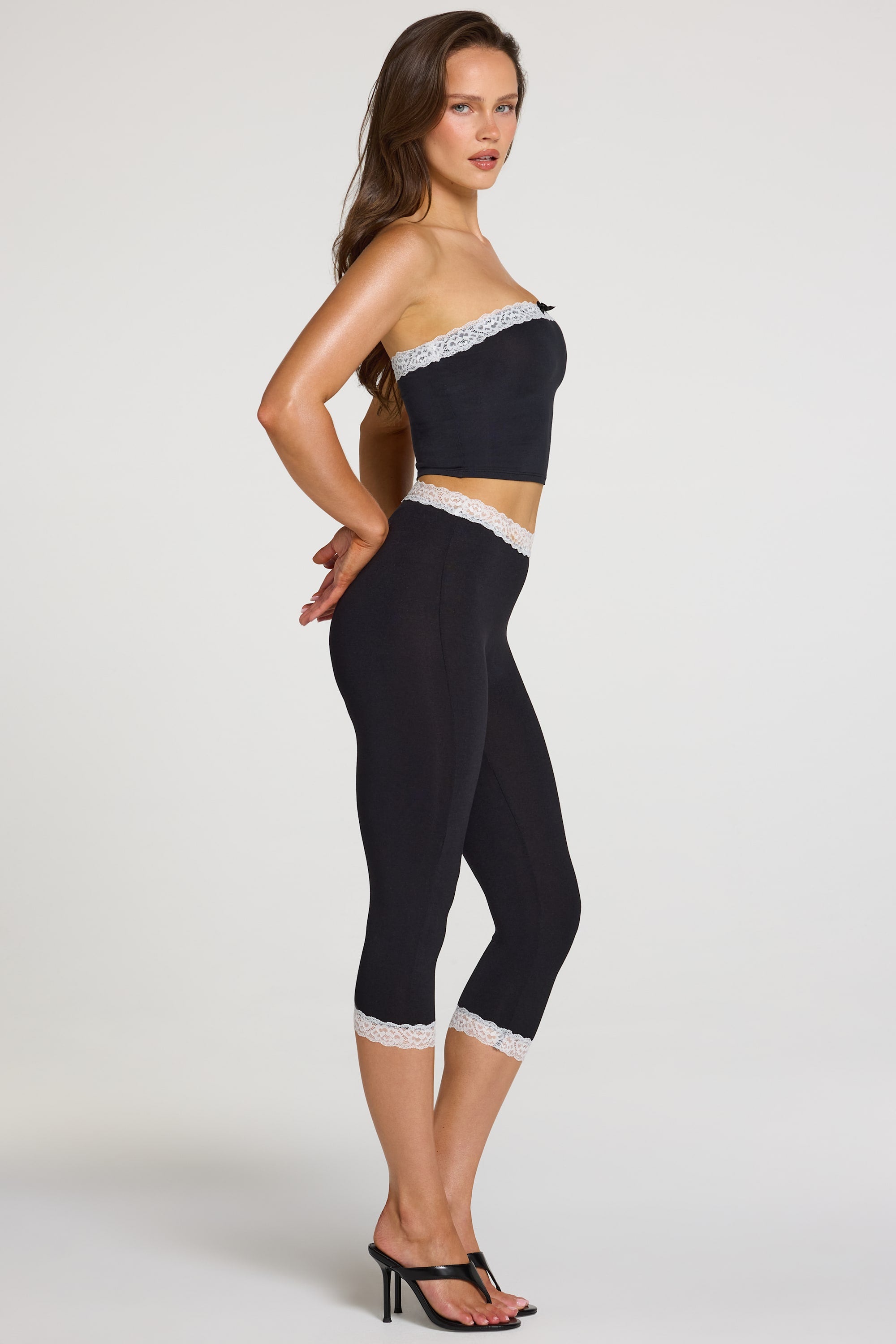 Zorina Modal Lace-Trim Mid-Rise Capri Trousers in Black | Oh Polly