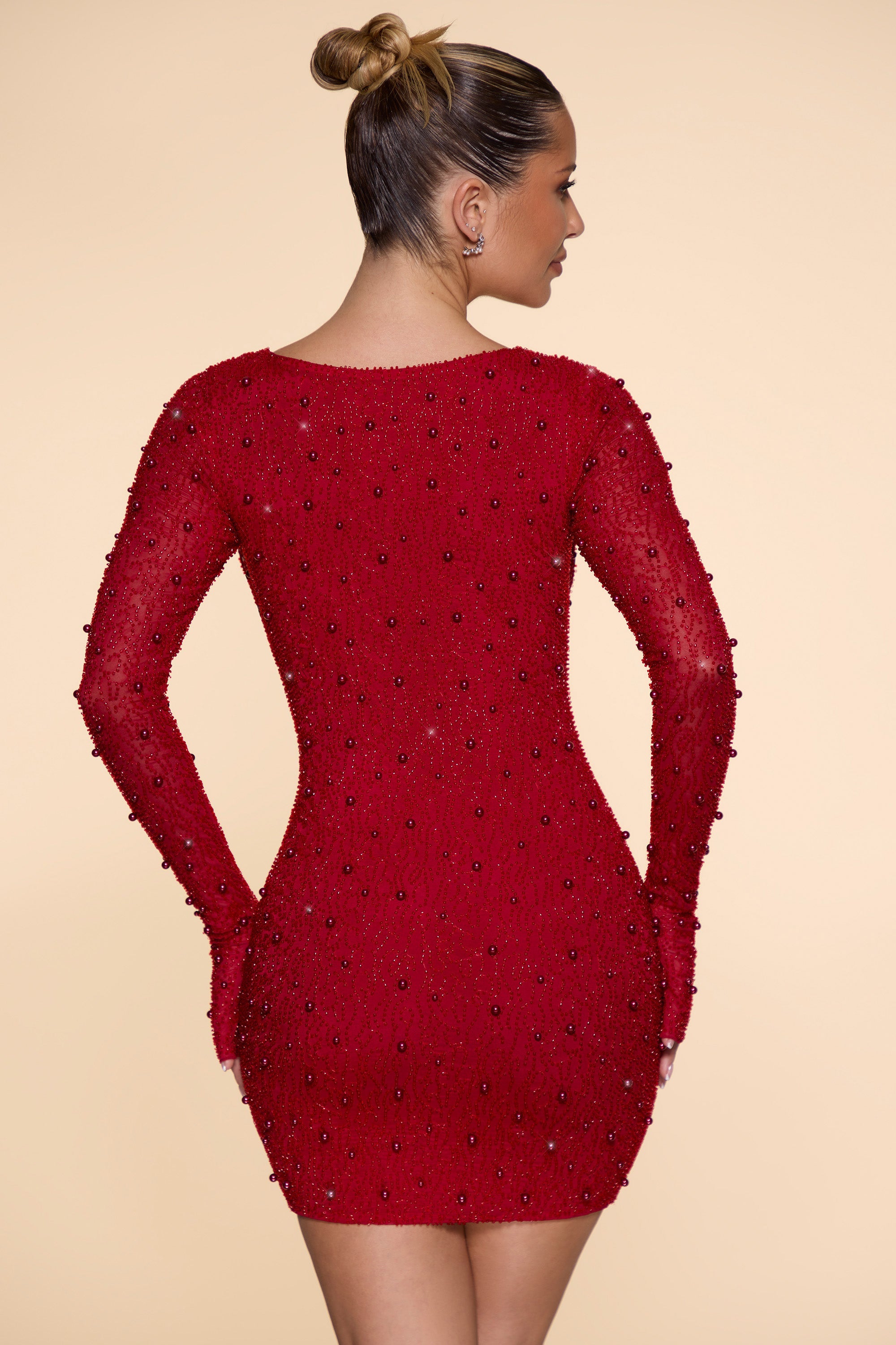 Nice Embellished Long Sleeve Plunge Mini Dress in Red
