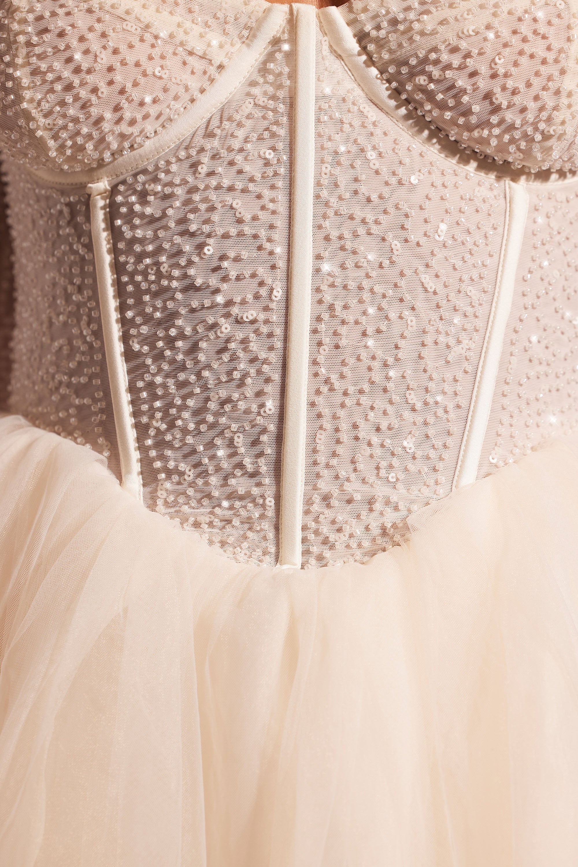 Embellished Long Sleeve Tulle Skirt Mini Dress in Ivory Embellished Long Sleeve Tulle Skirt Mini Dress in Ivory