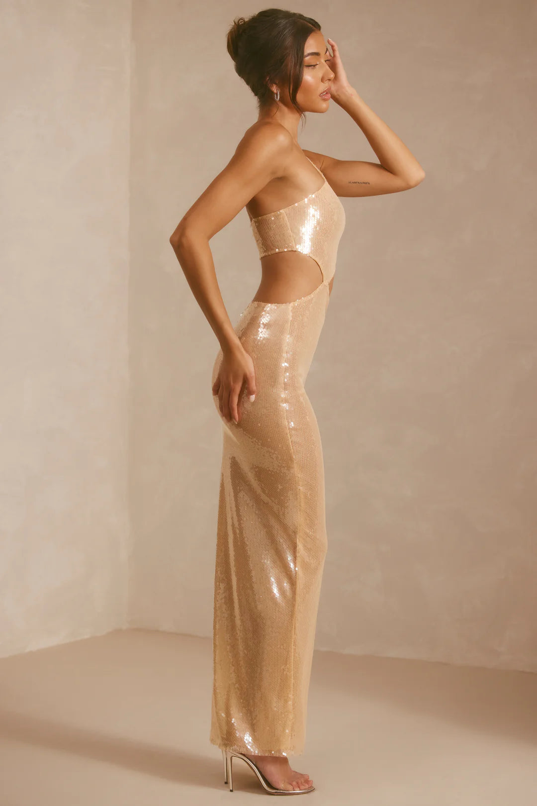 Sheer Sequin One Shoulder Cut Out Maxi Dress in Tan Sheer Sequin One Shoulder Cut Out Maxi Dress in Tan