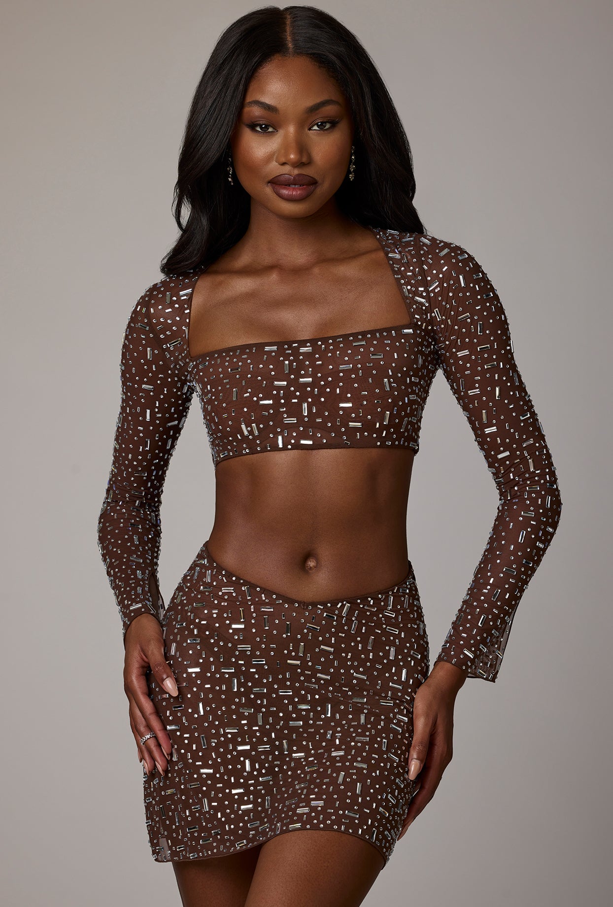 Thalassa Sheer Embellished V Waist Mini Skirt in Deep Cocoa Oh Polly