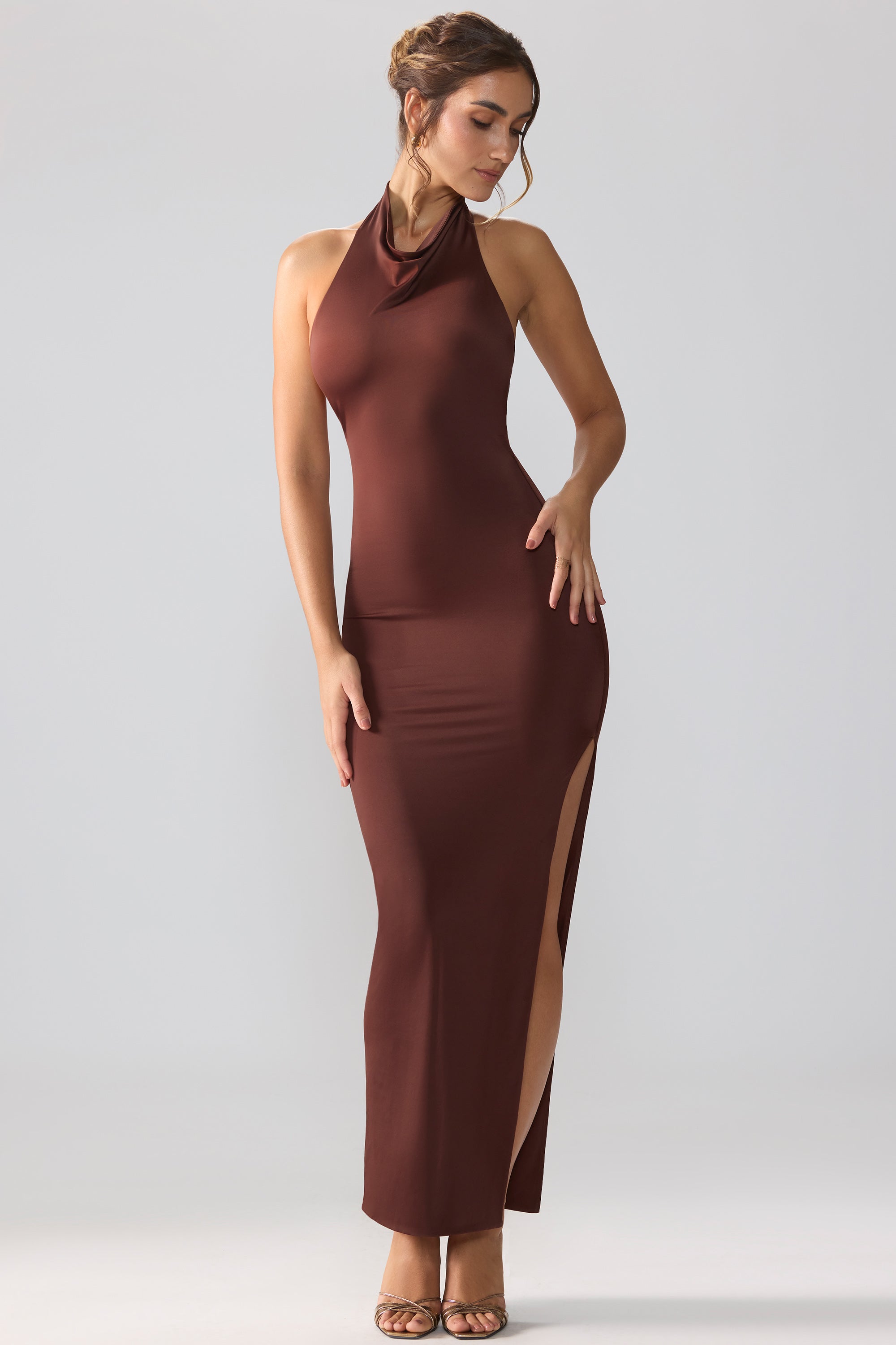 Jersey Cowl Neck Backless Maxi Dress in Espresso Jersey Cowl Neck Backless Maxi Dress in Espresso