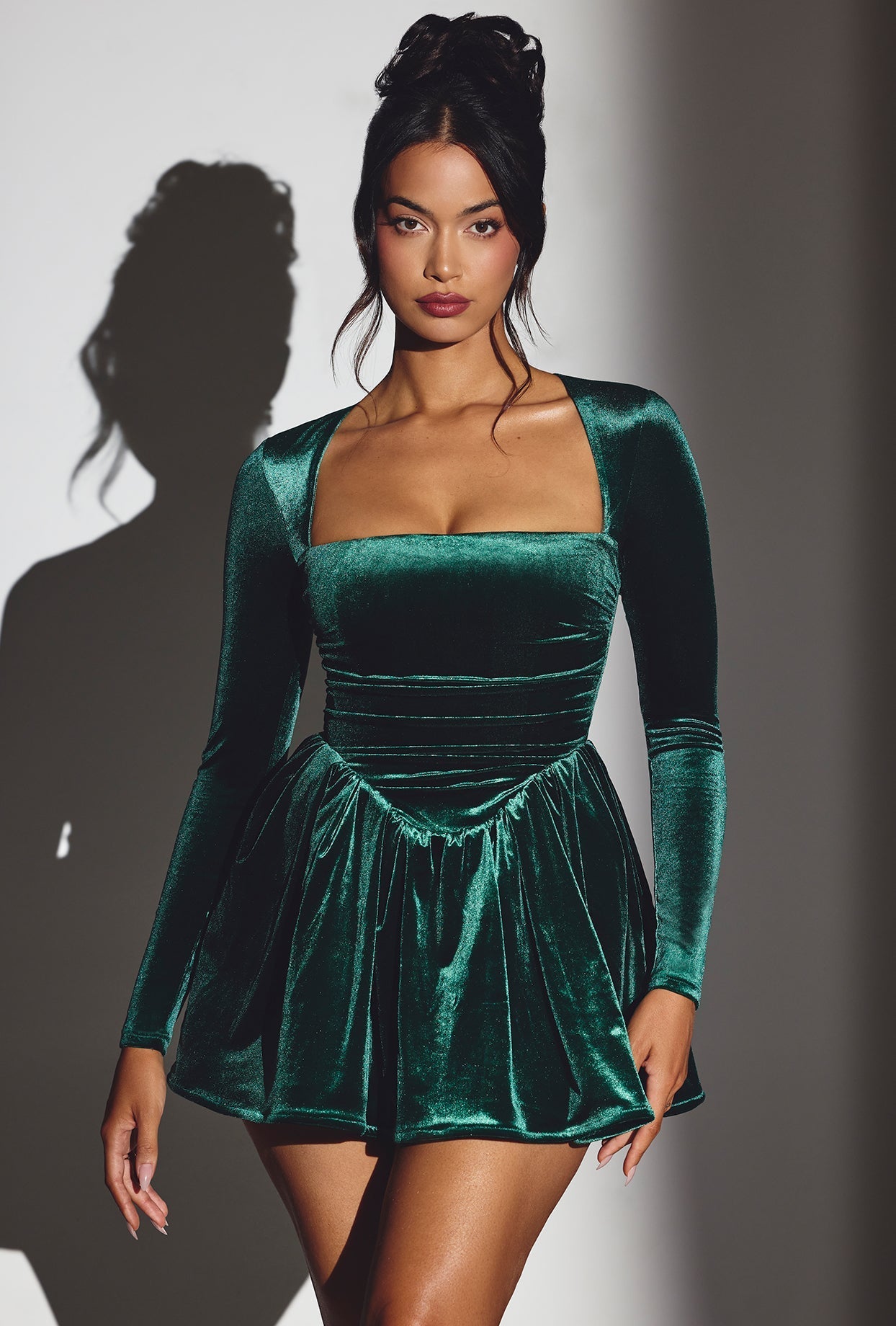 Tera Velvet Long Sleeve Corset Mini Dress in Emerald Green | Oh Polly Tera Velvet Long Sleeve Corset Mini Dress in Emerald Green | Oh Polly
