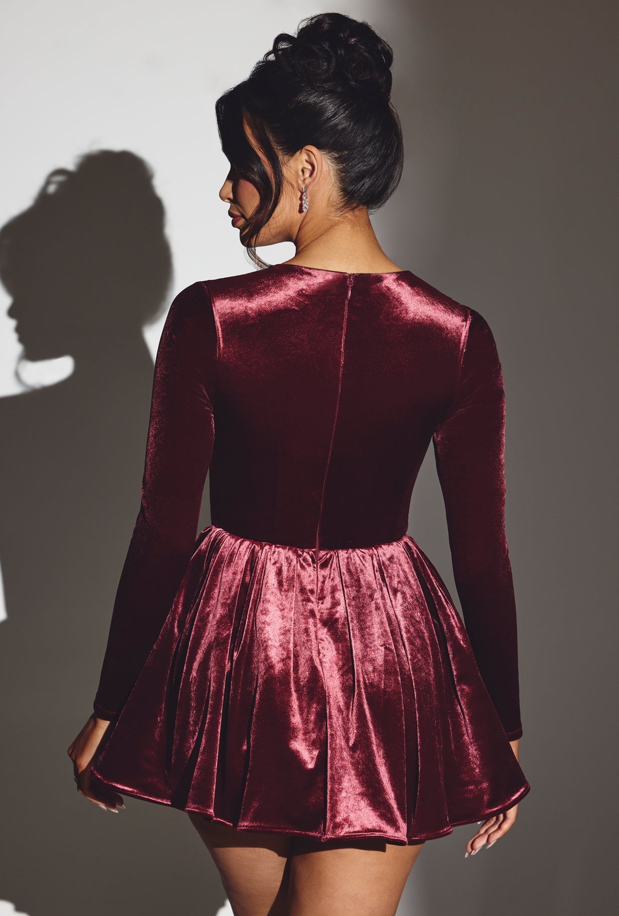 Velvet Long Sleeve Corset Mini Dress in Wine - Main Image