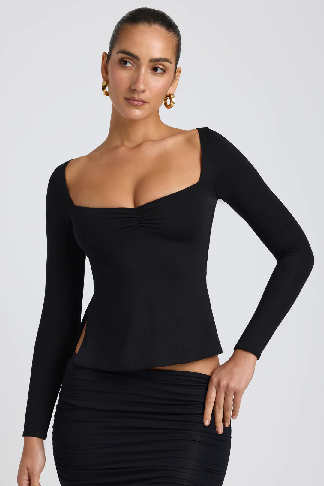 Fiora Modal Sweetheart Neckline Long Sleeve Top in Black Oh Polly