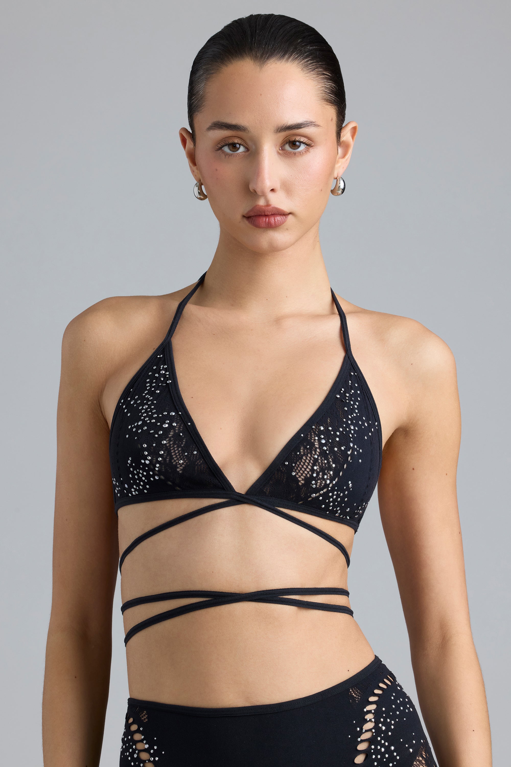 Liberty Embellished Cross Strap Bikini Top in Black Oh Polly