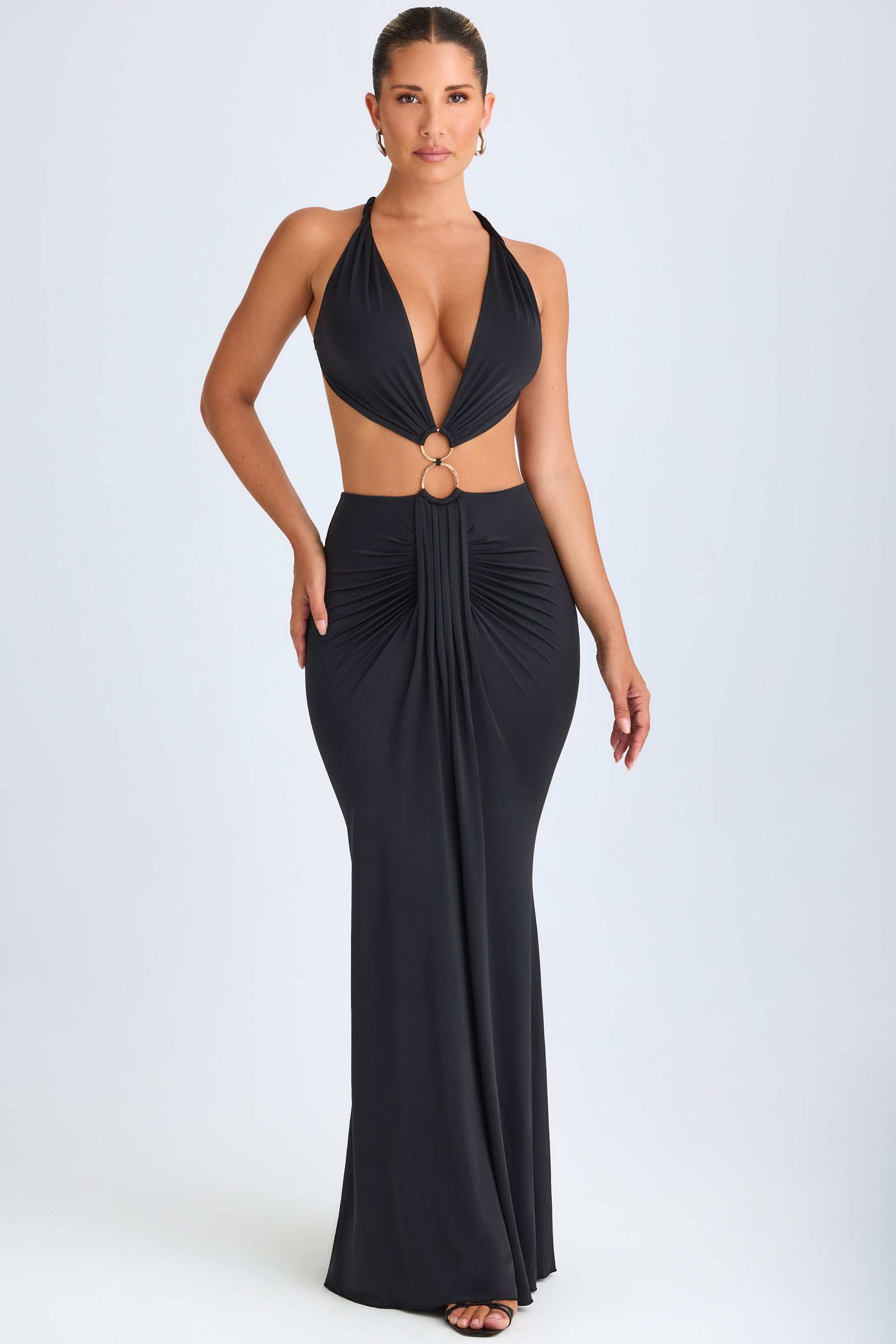 hardware detail cut-out halterneck maxi dress in coral AQUAFLORA HALTER NECK SLIP DRESS IN CORAL | CULT MIA