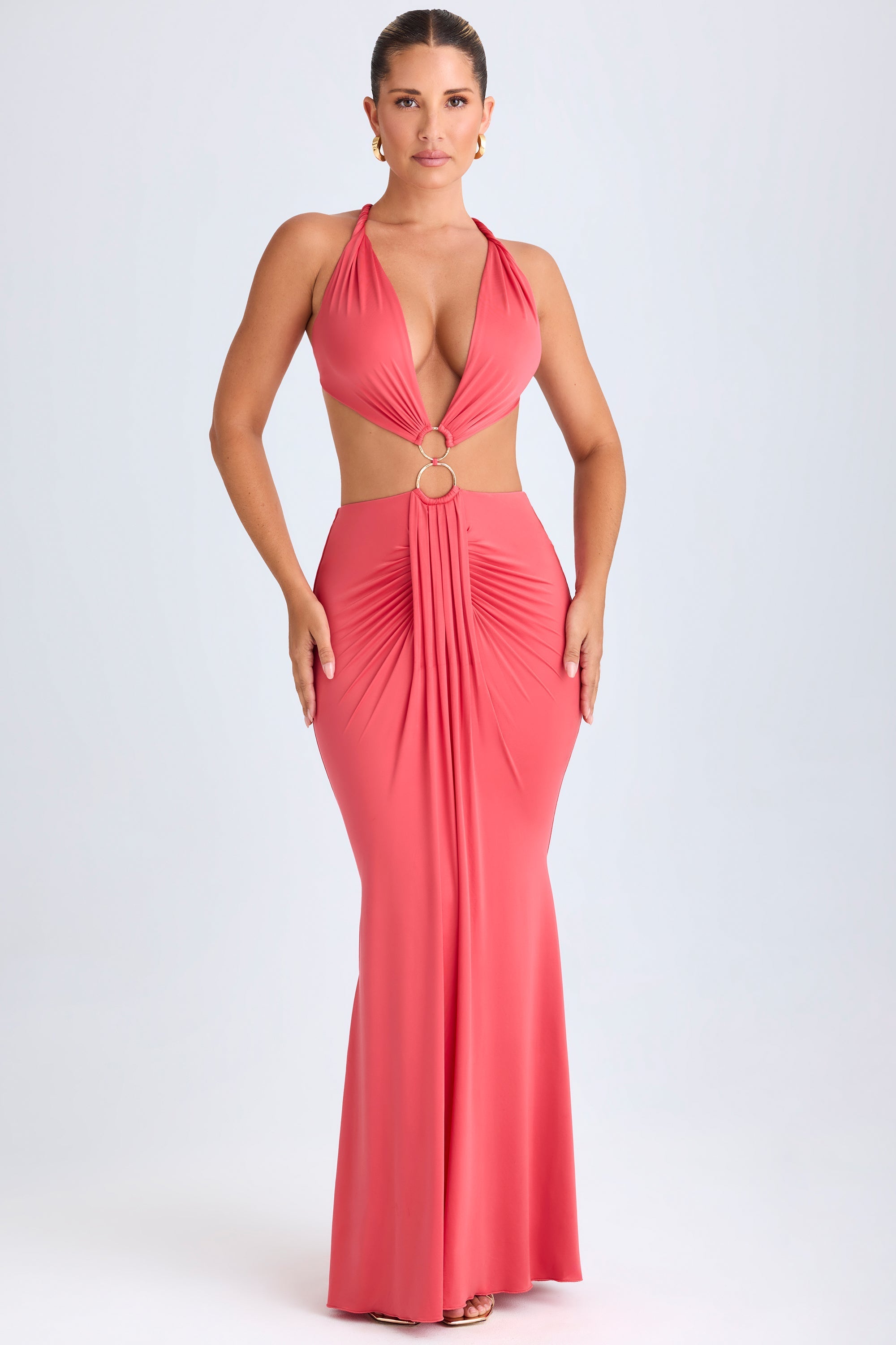 Omarosa Hardware Detail Cut-Out Halterneck Maxi Dress in Coral