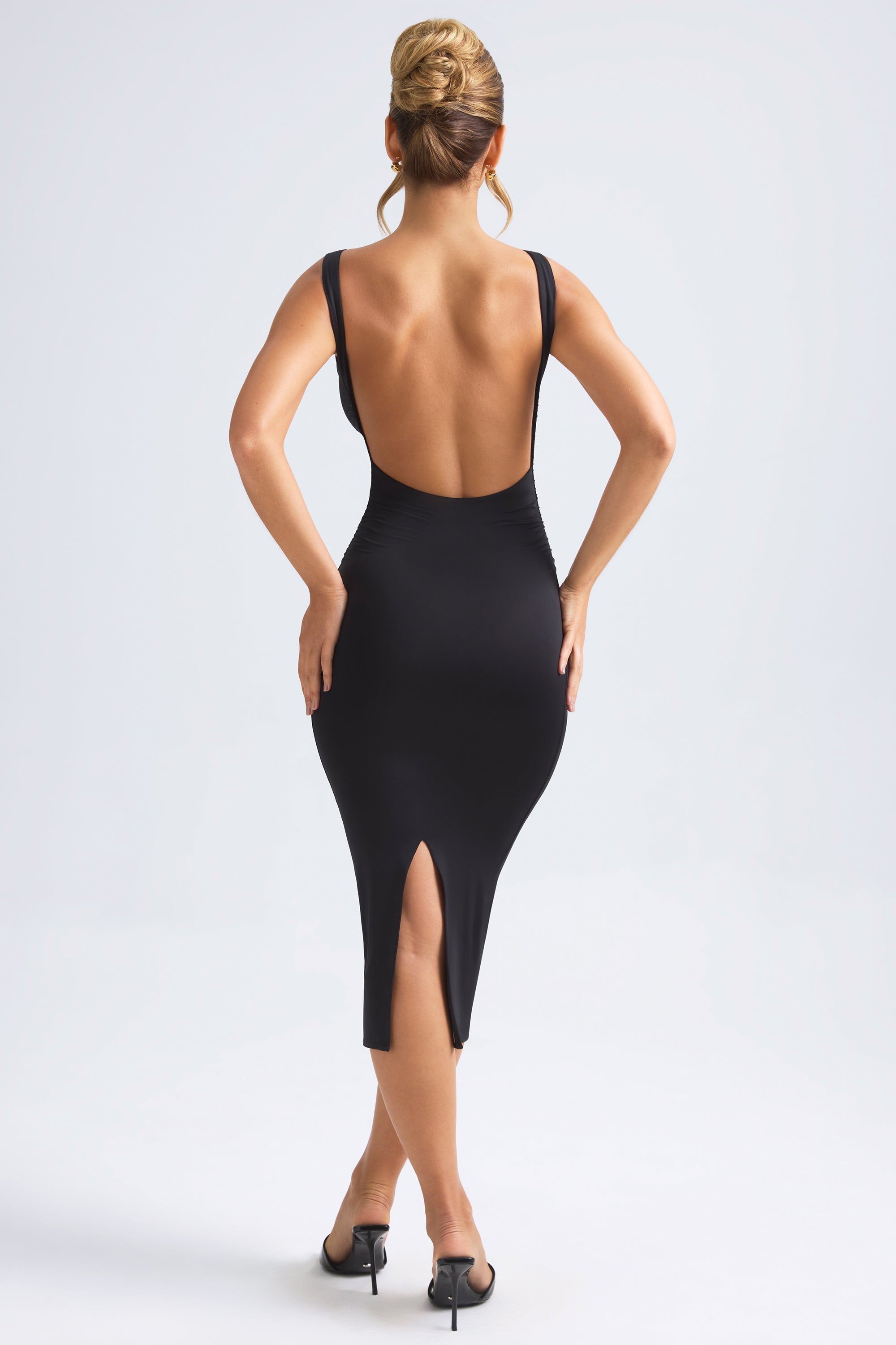 Grainne Ruched Open-Back Midaxi Dress in Black | Oh Polly Grainne Ruched Open-Back Midaxi Dress in Black | Oh Polly
