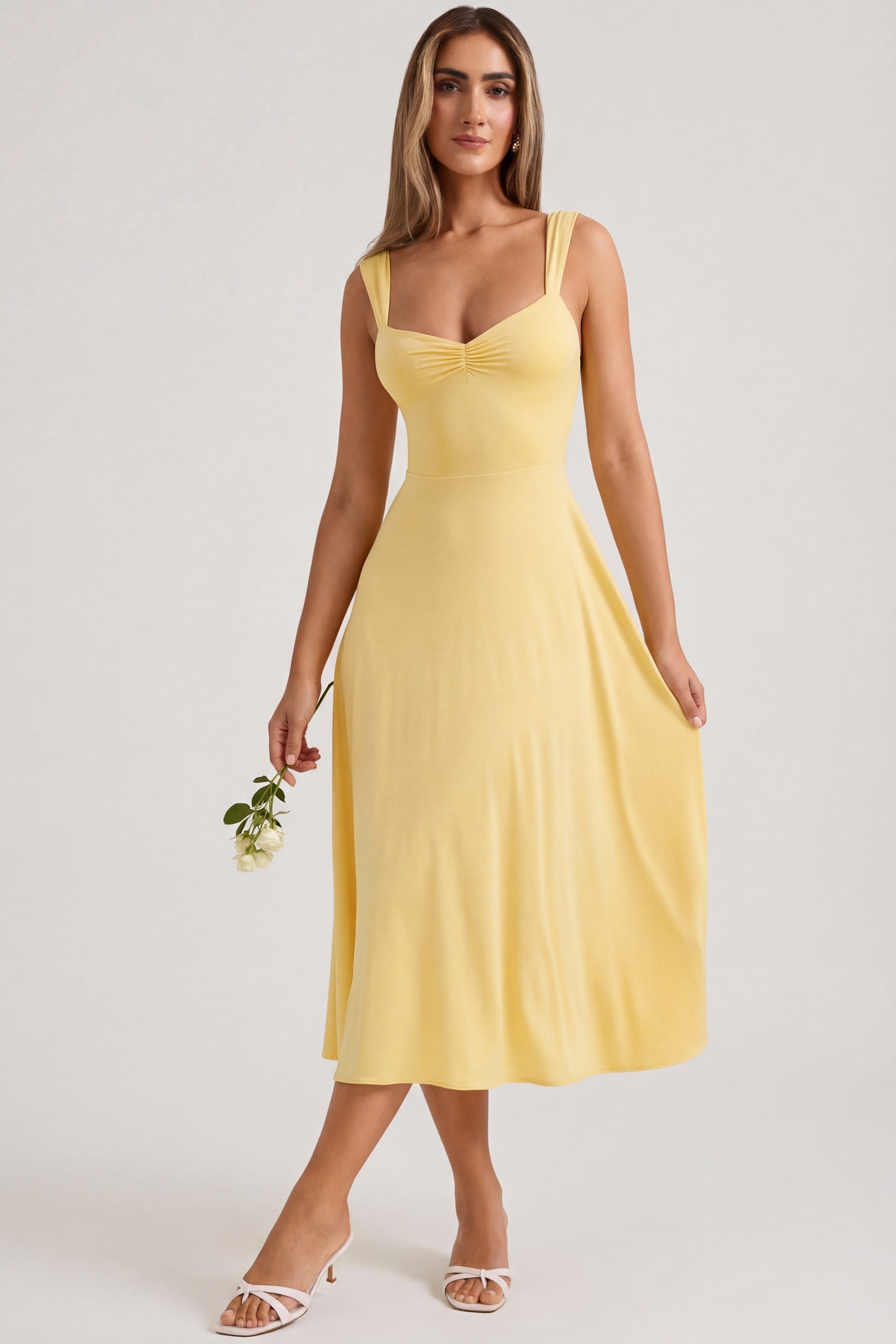 Thandie Sweetheart-Neck Ruched Midaxi Dress in Pastel Yellow
