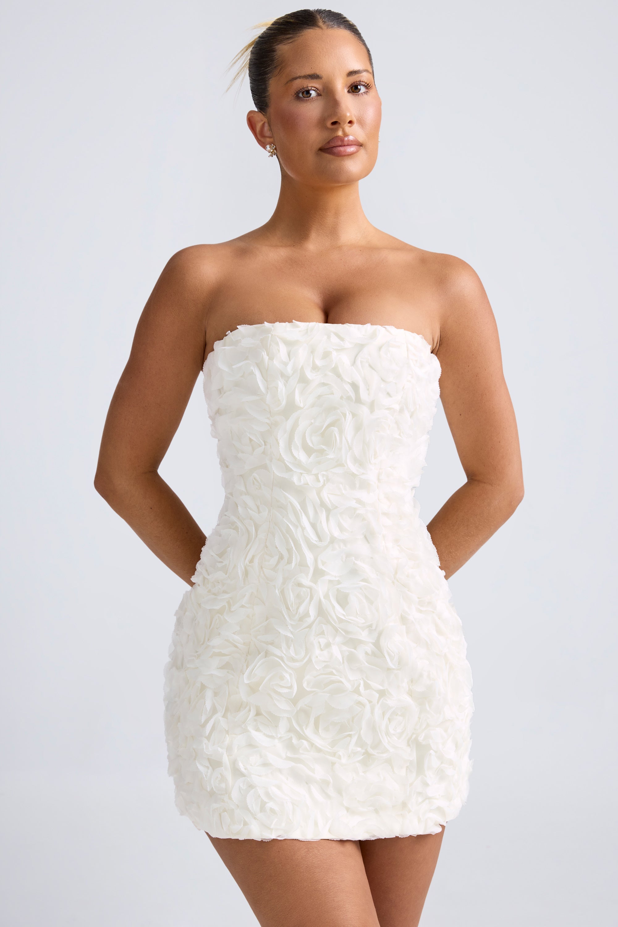 Azaelea Floral-Appliqué Bandeau A-Line Mini Dress in White