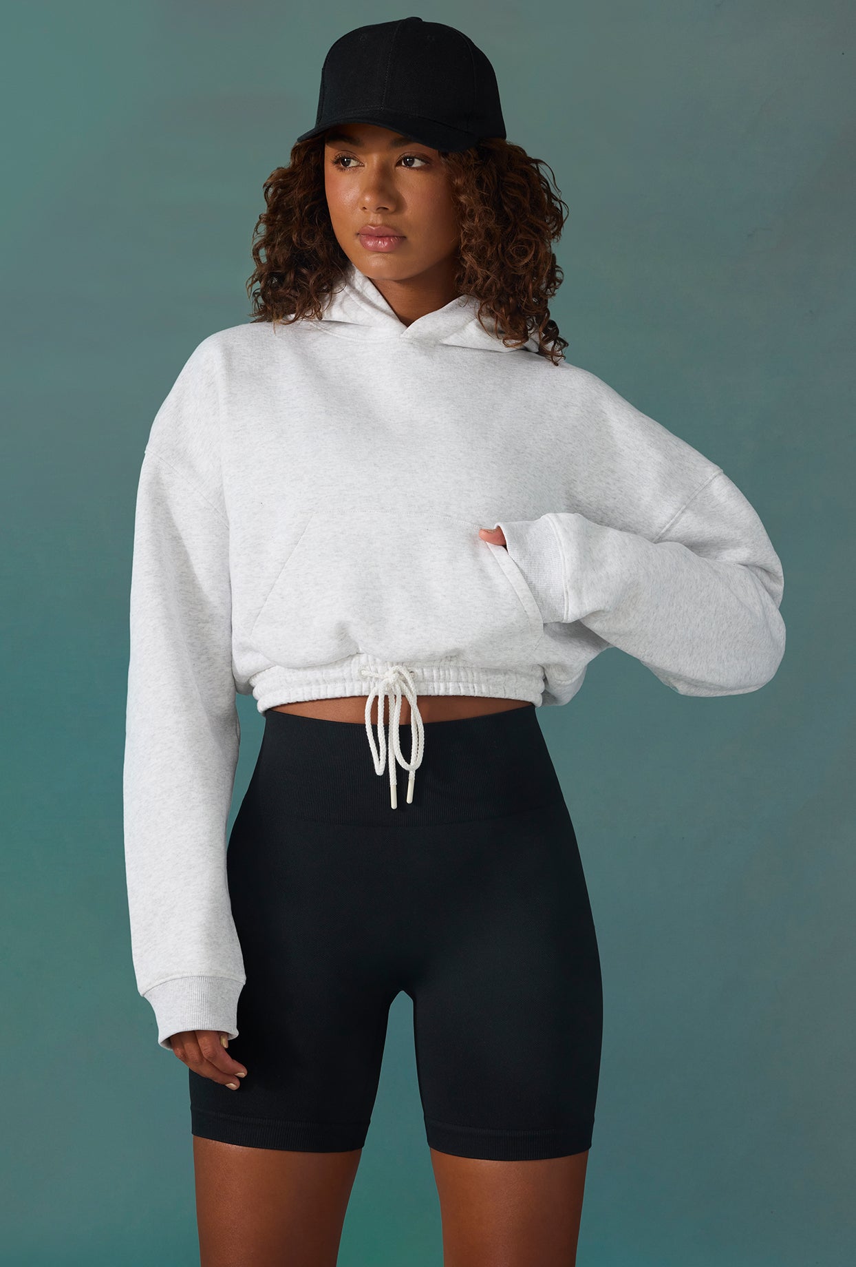 Progess Cropped Drawstring Hooded Sweatshirt in Ice Grey Oh Polly