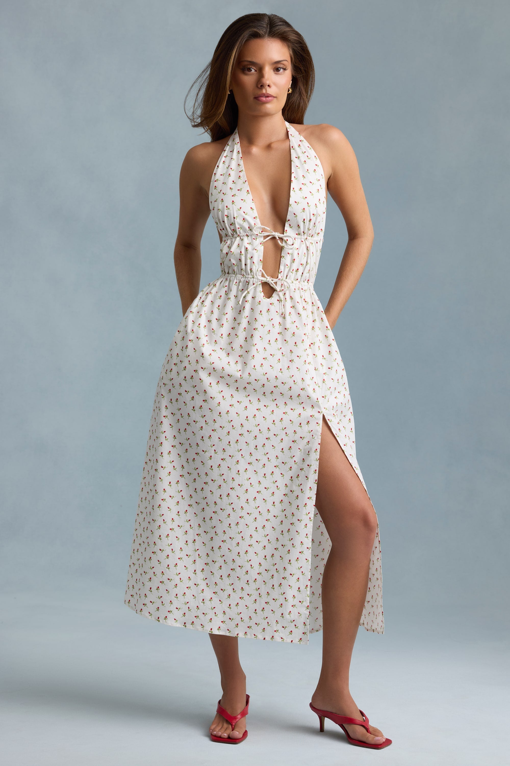 Aeris Tie-Front Backless Cotton-Poplin Maxi Dress in Rose Print