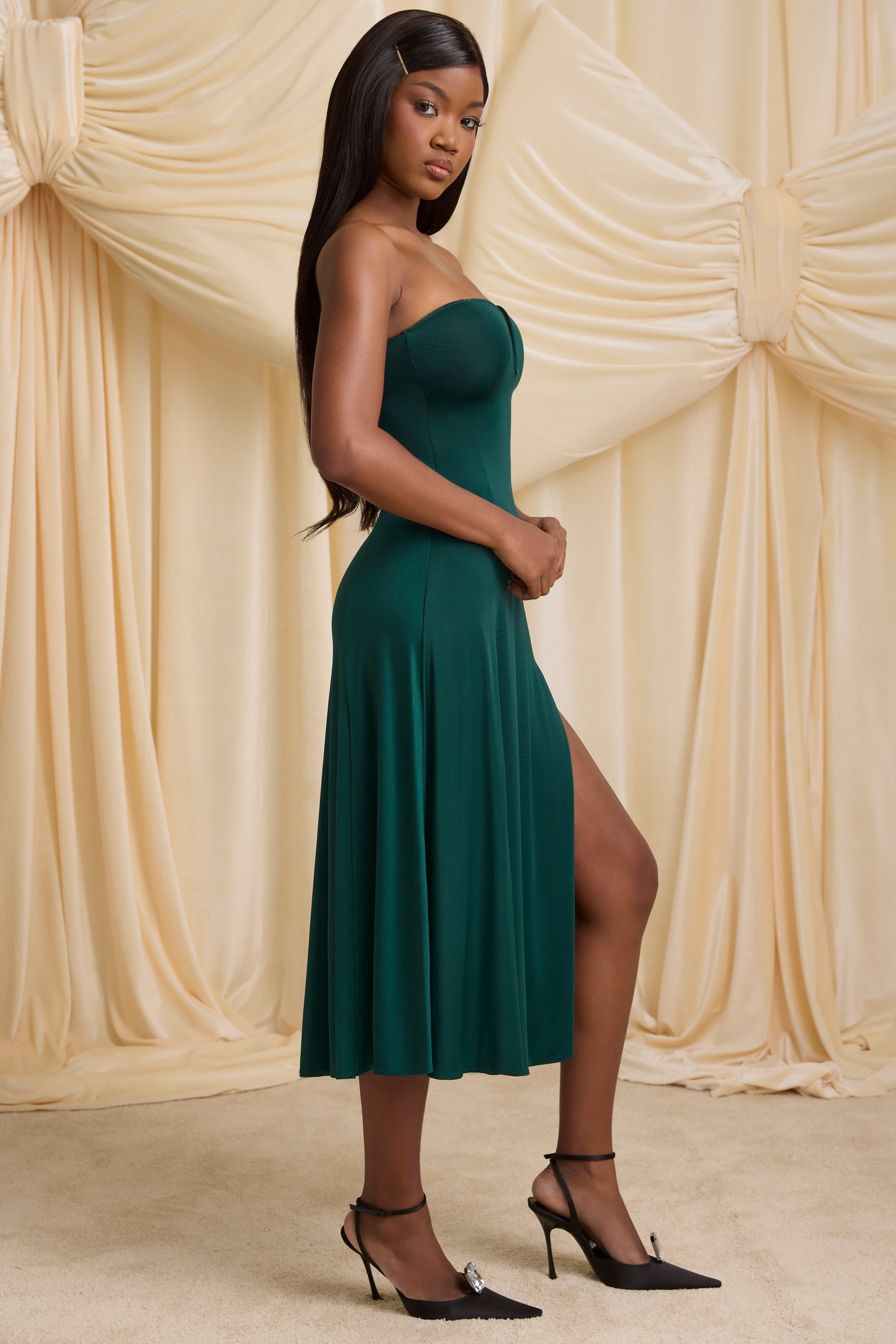 Aurea Slinky Jersey Strapless A-Line Midaxi Dress in Emerald Green