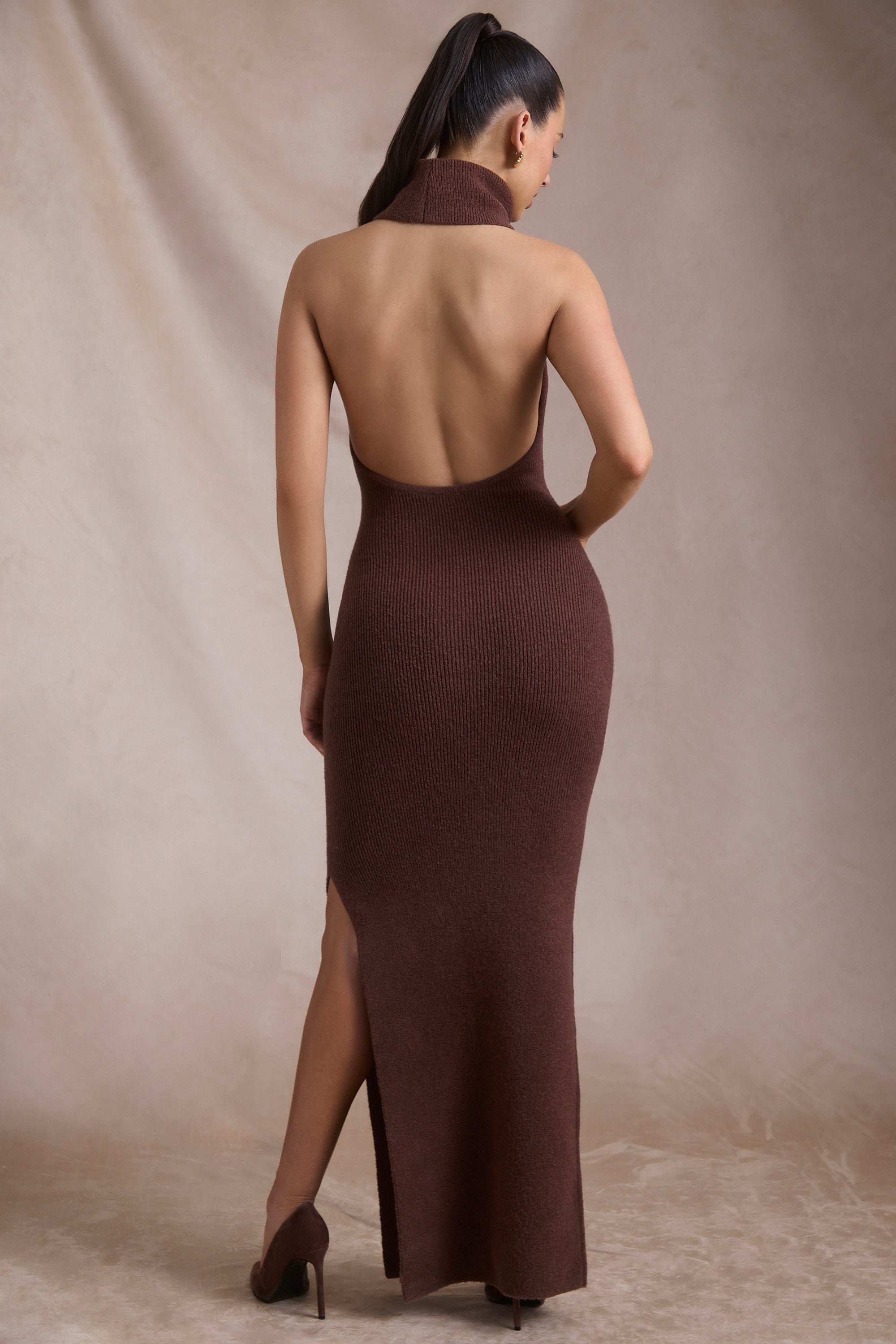Calissa Ribbed-Knit Turtleneck Backless Maxi Dress in Espresso | Oh Polly Calissa Ribbed-Knit Turtleneck Backless Maxi Dress in Espresso | Oh Polly