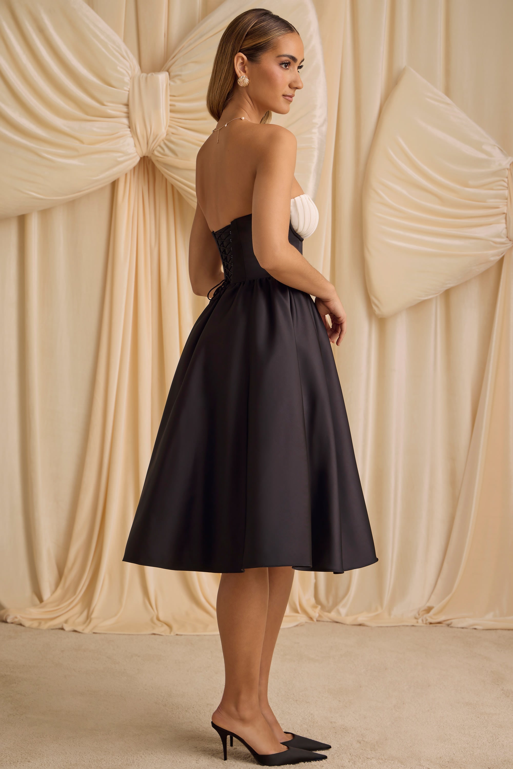 Gabrielle Strapless Corset Midi Dress in Black