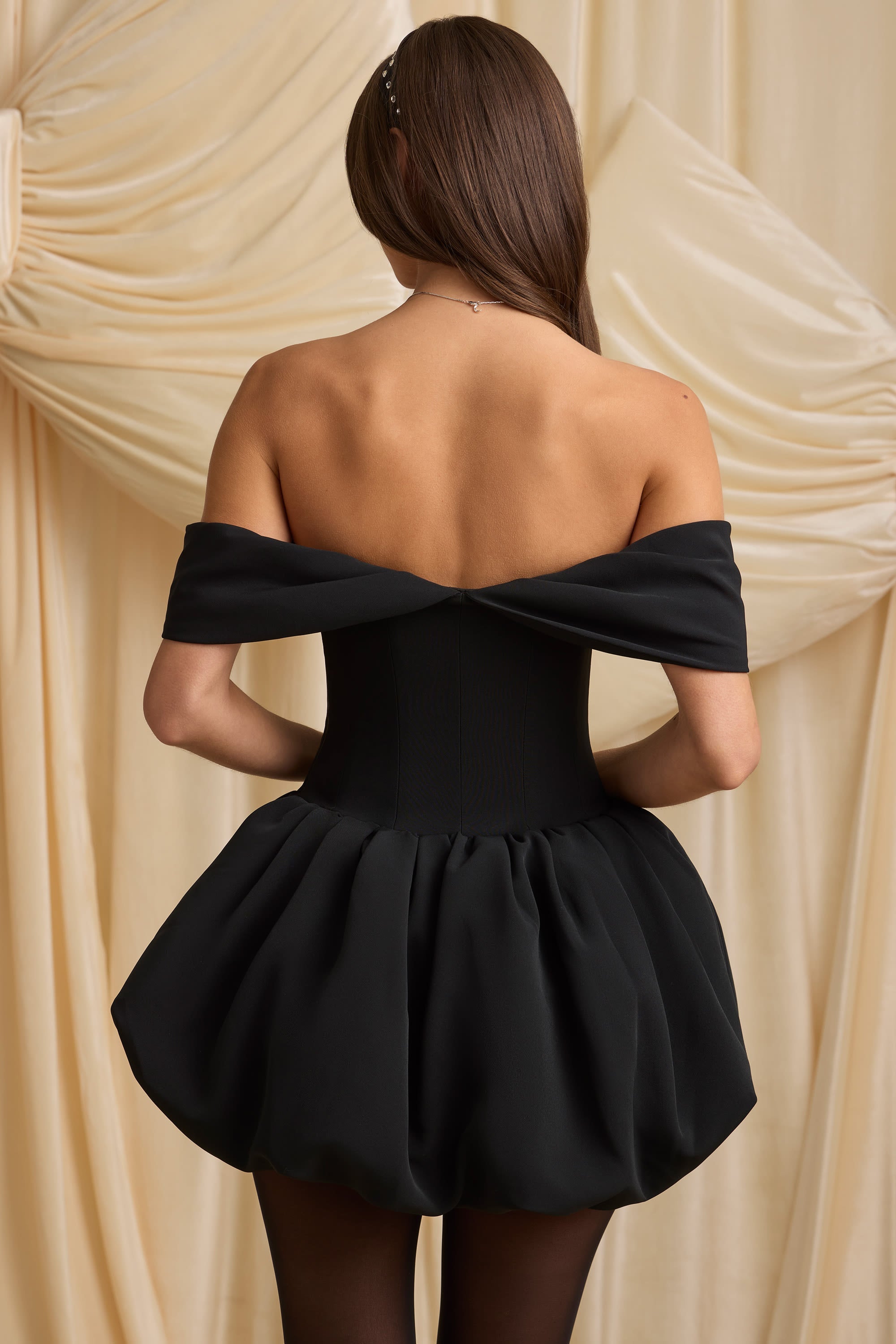 off shoulder bubble hem dress Sablee Checkered Puffy Off Shoulder Trim Bubble Hem Mini Dress (Archiv