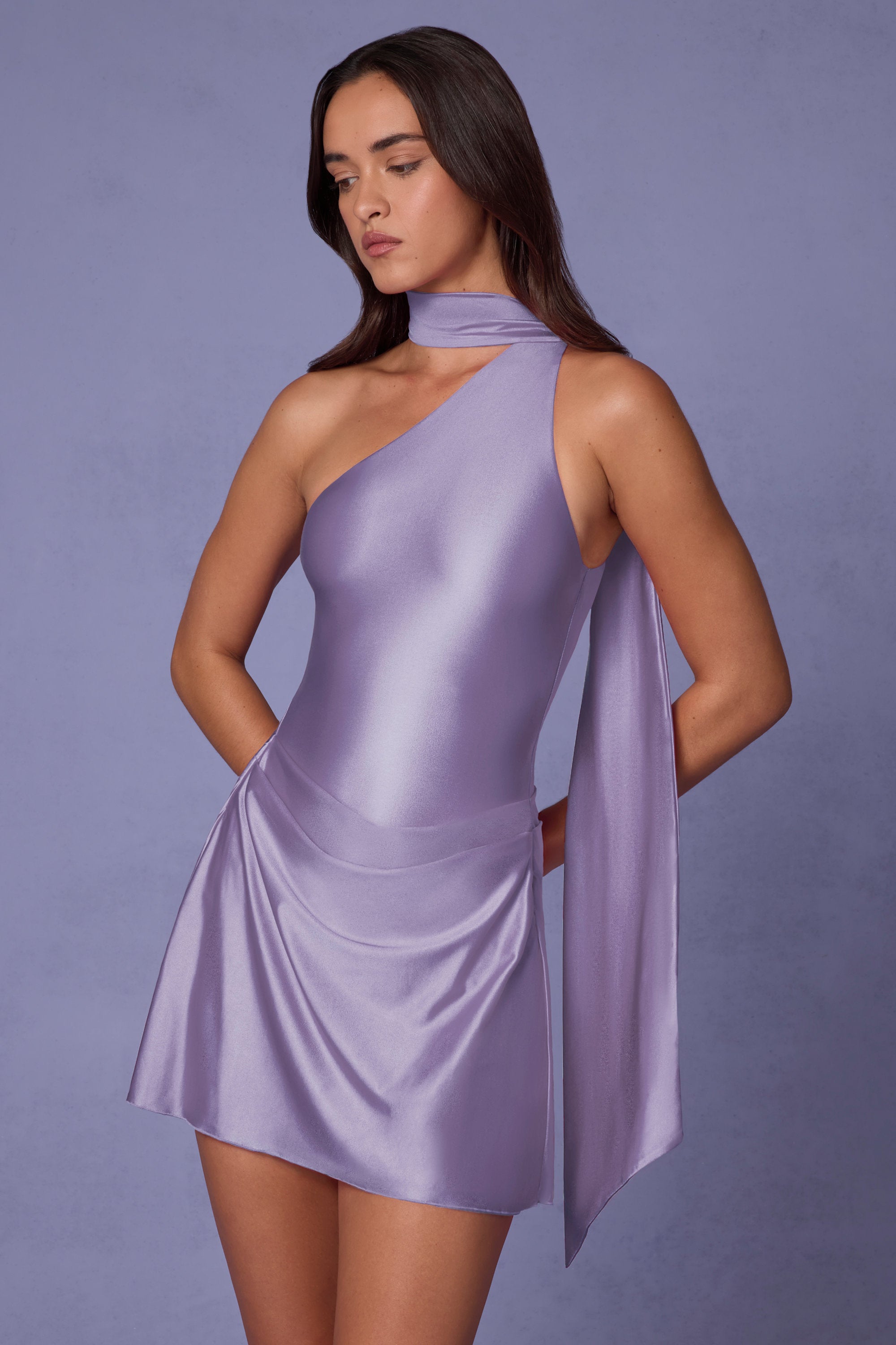 Kiraz Asymmetric Scarf-Detail Mini Dress in Lilac | Oh Polly Kiraz Asymmetric Scarf-Detail Mini Dress in Lilac | Oh Polly