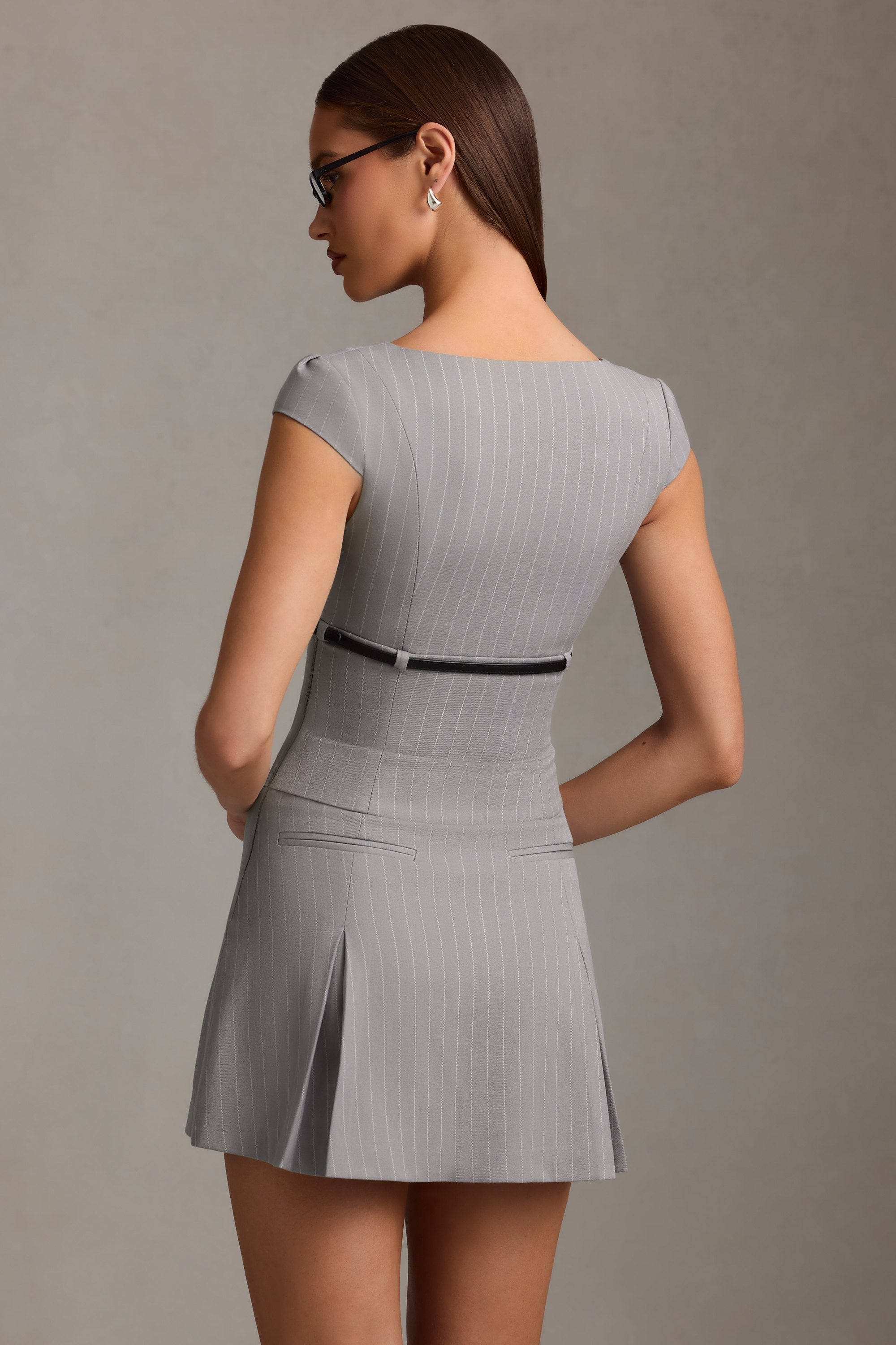 Pinstripe Pleated Waistcoat Mini Dress in Grey - Main Image