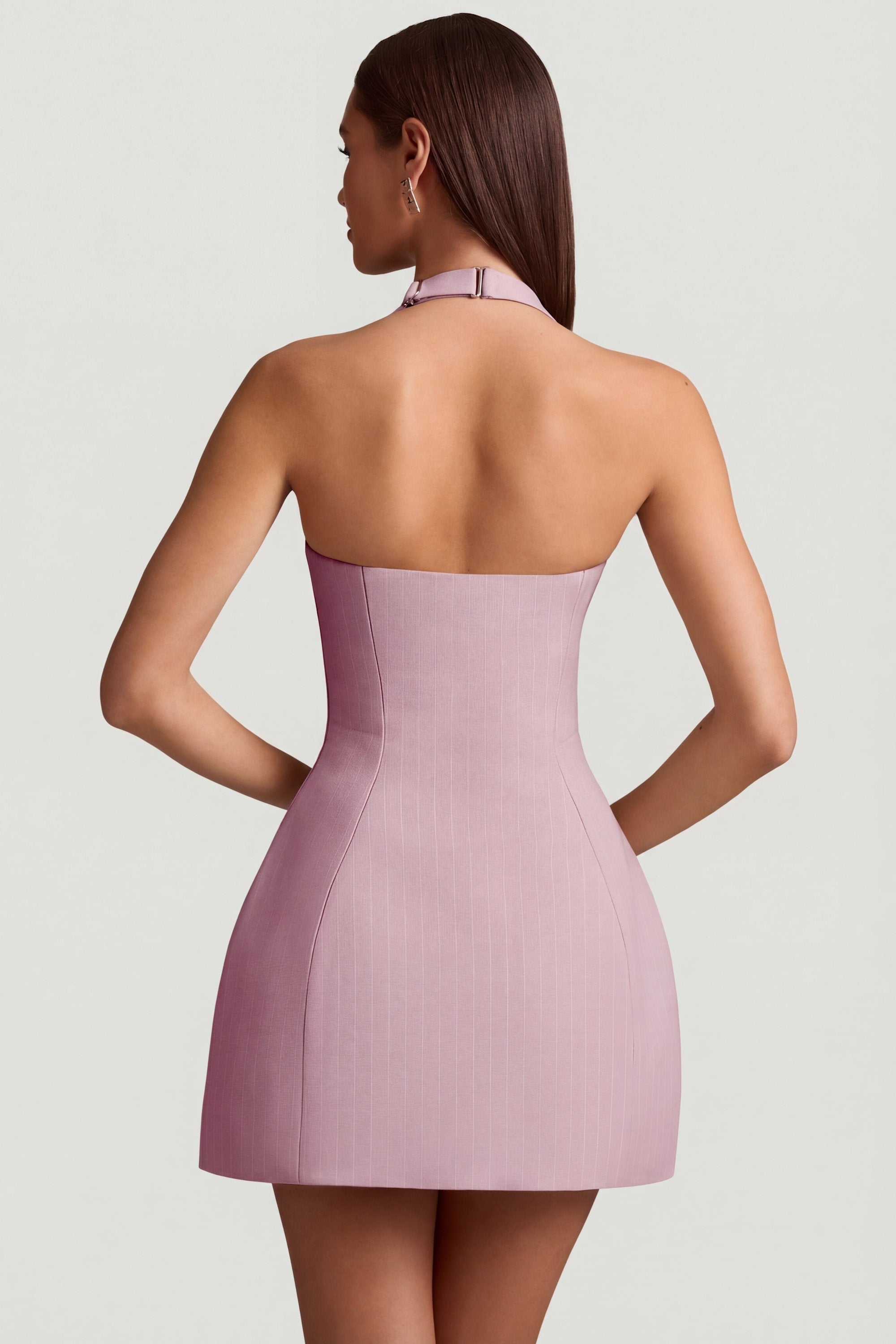 Pinstripe Halterneck Structured A-Line Mini Dress in Mauve Pinstripe Halterneck Structured A-Line Mini Dress in Mauve