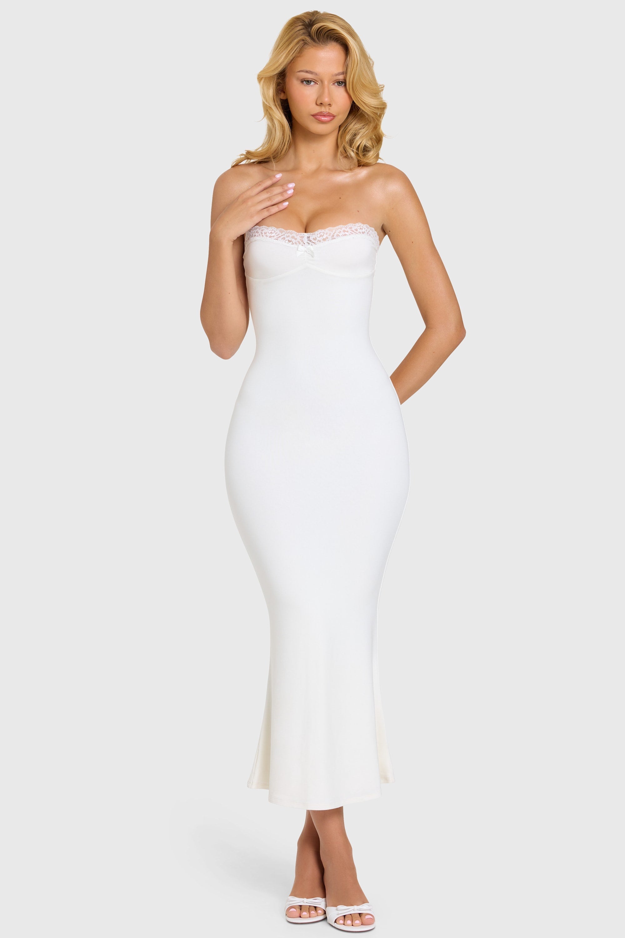 lace-trim midaxi dress in white Marguerite White Lace Dip Hem Midaxi Dress Frock and Frill