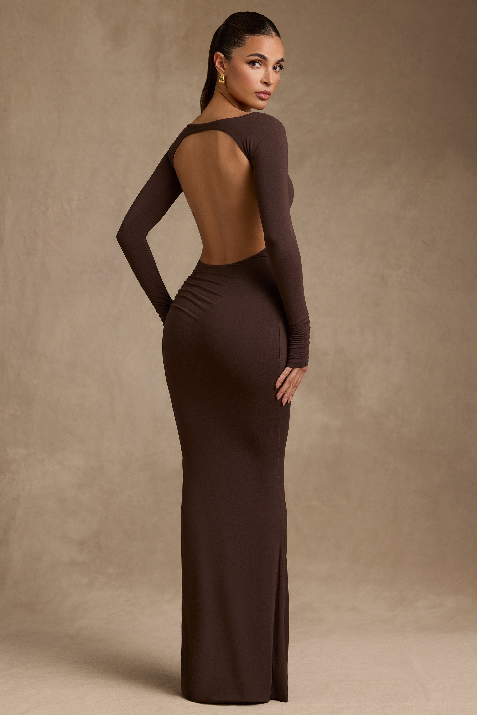 Regine Modal Ruched Backless Maxi Dress in Chocolate Brown | Oh Polly Regine Modal Ruched Backless Maxi Dress in Chocolate Brown | Oh Polly