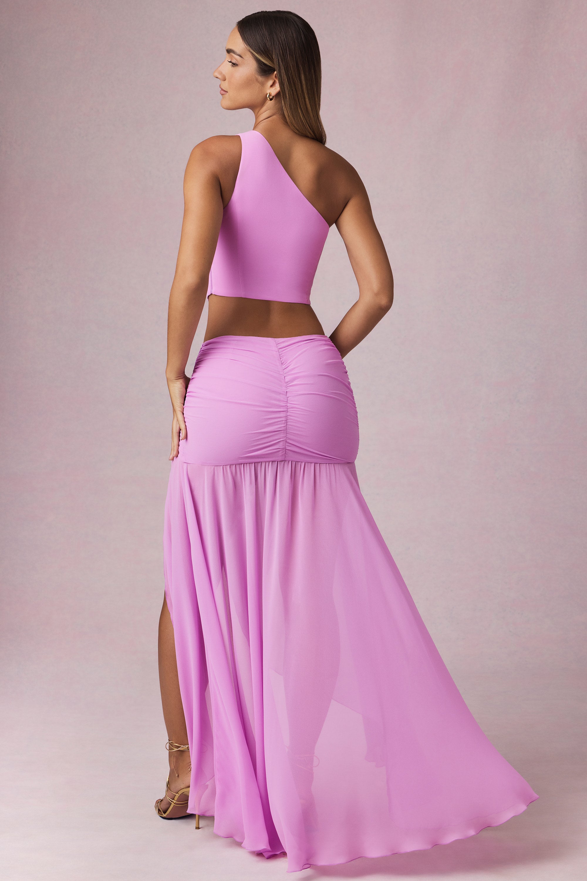 Romy Asymmetric Ruched Maxi Skirt in Pink Orchid | Oh Polly Romy Asymmetric Ruched Maxi Skirt in Pink Orchid | Oh Polly