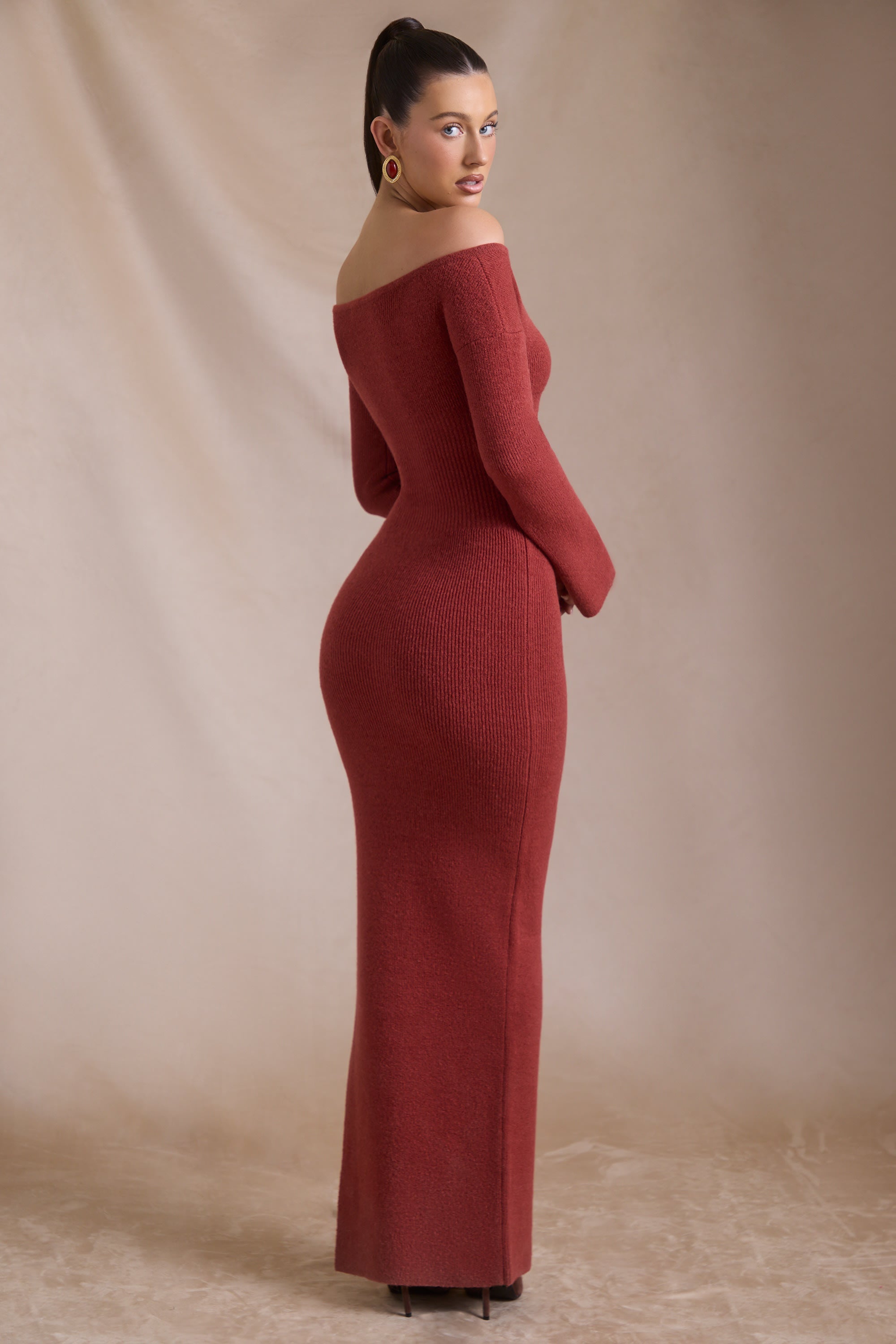 Terneigh Ribbed-Knit Off-Shoulder Maxi Dress in Brick Red | Oh Polly Terneigh Ribbed-Knit Off-Shoulder Maxi Dress in Brick Red | Oh Polly