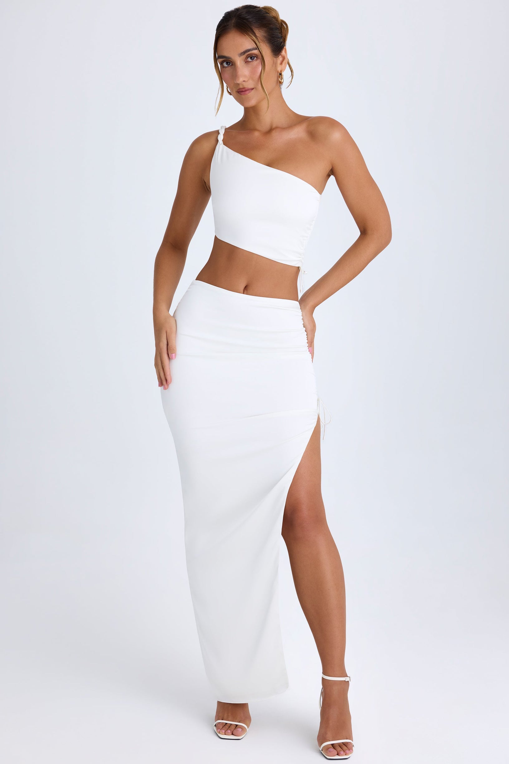 Ruched Asymmetric-Waist Maxi Skirt in White - 1