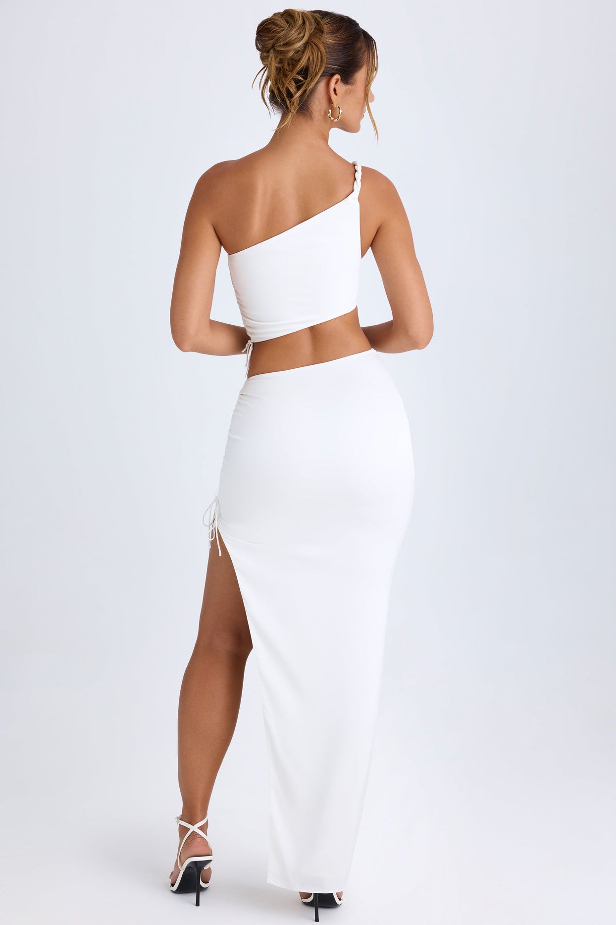 Ruched Asymmetric Maxi Skirt in White