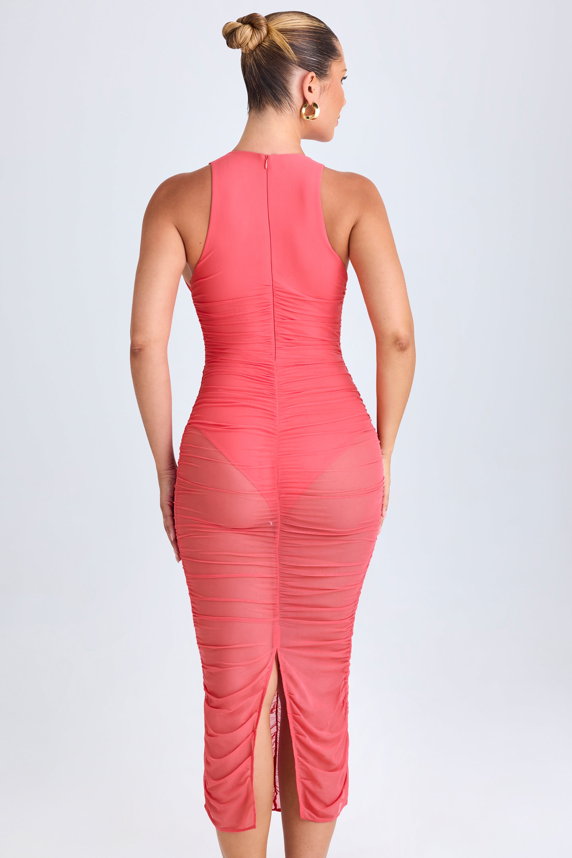 Ruched Plunge Midaxi Dress in Coral