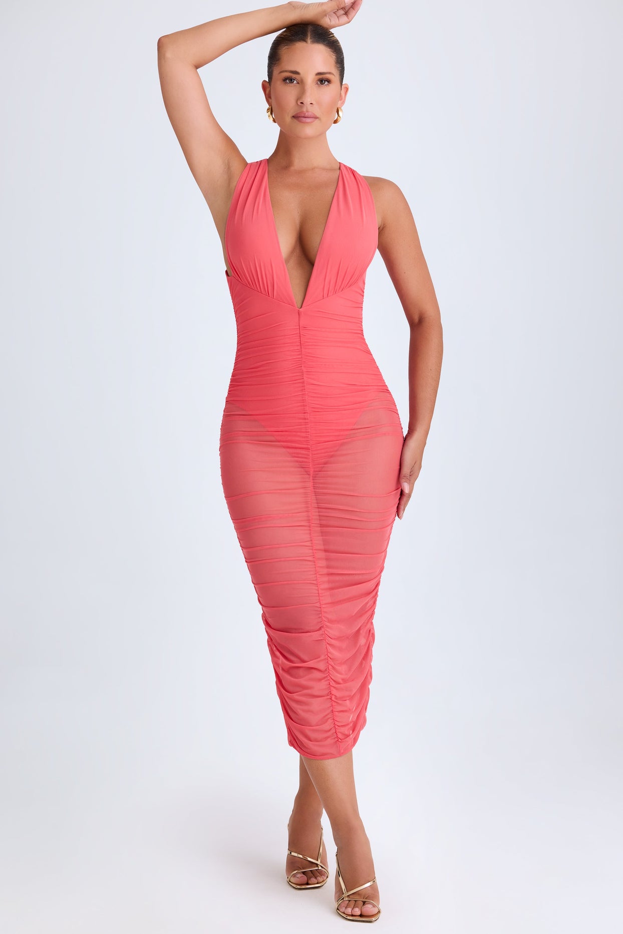 Ruched Plunge Midaxi Dress in Coral - 7