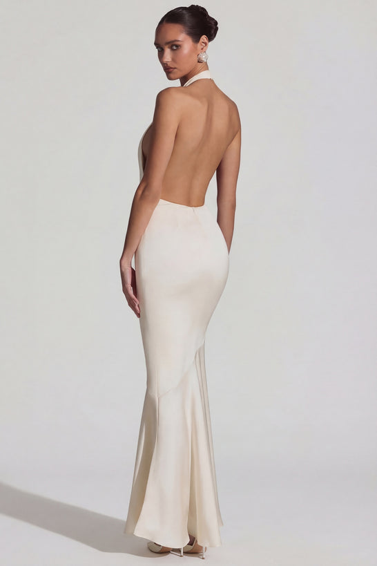 Oh Polly's Priscilla wearing the Desiree Gown Length Dress in Ivory Satin fabric perfect for elegant evening events