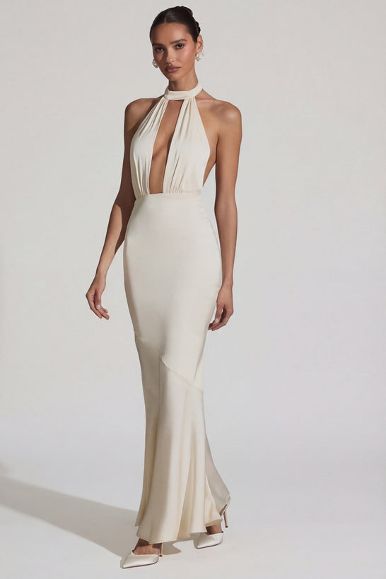 Oh Polly's Priscilla wearing the Desiree Gown Length Dress in Ivory Satin fabric perfect for romantic date night
