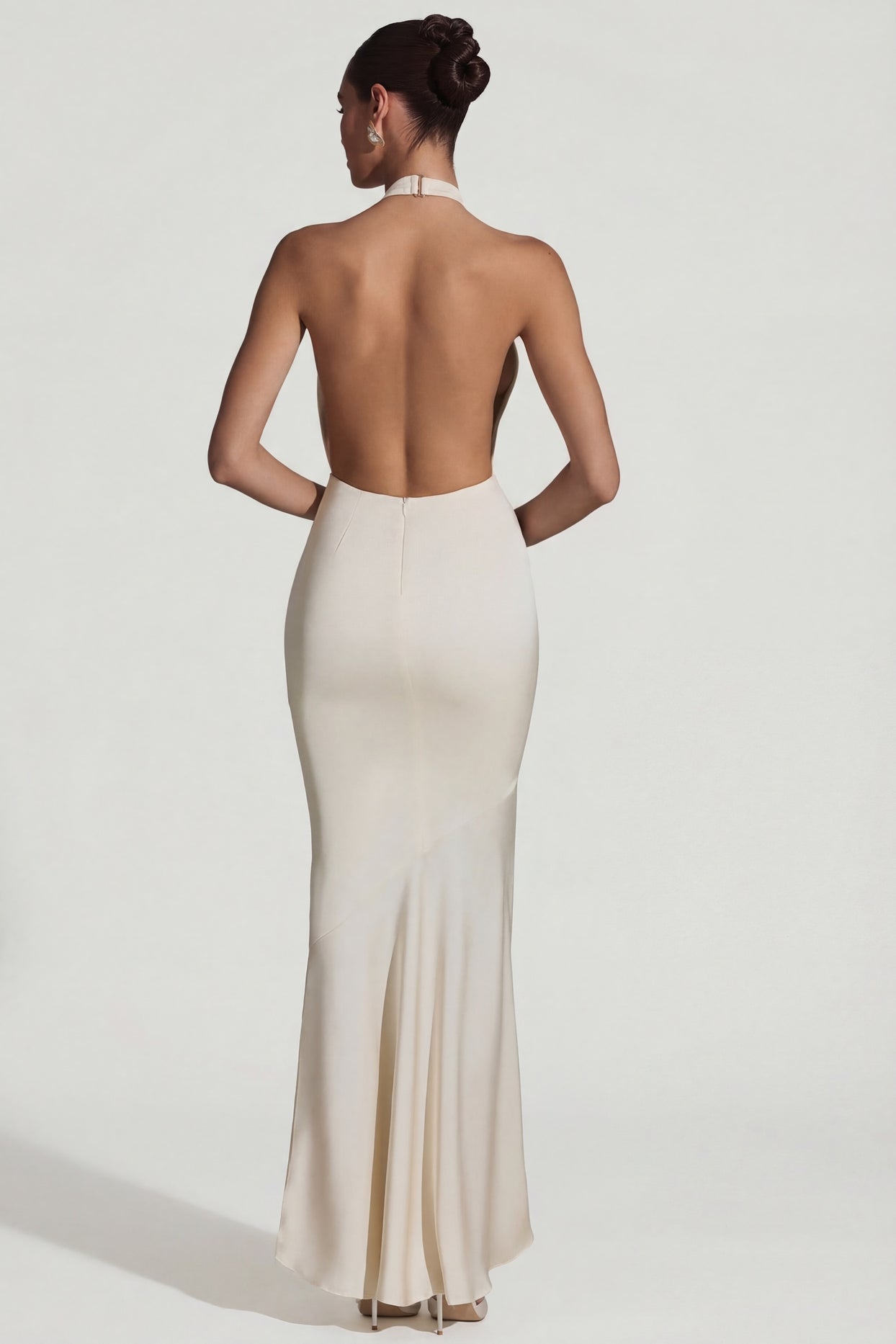 Oh Polly's Priscilla wearing the Desiree Gown Length Dress in Ivory Satin fabric perfect for formal wedding guest