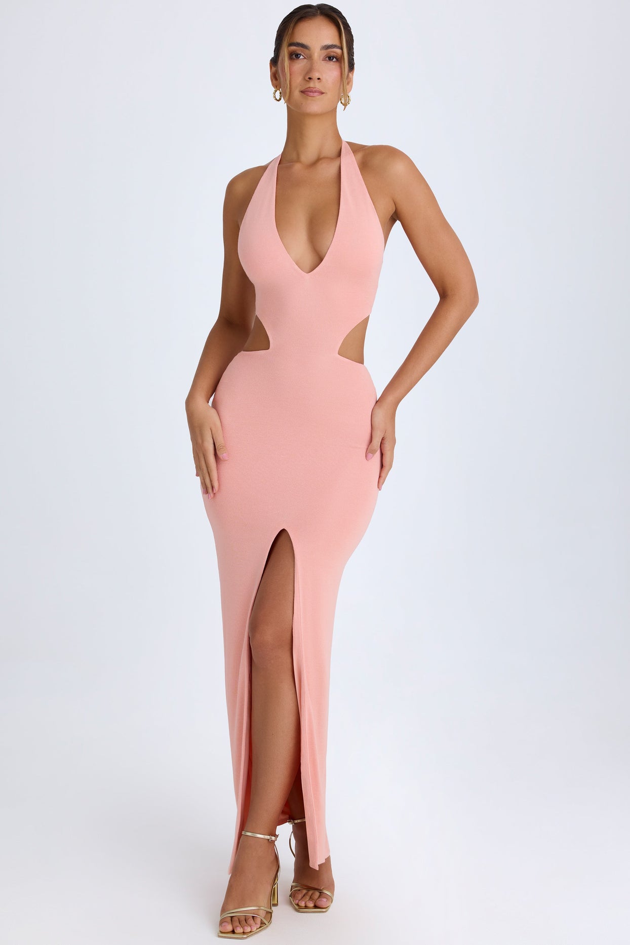 Cut-Out Halterneck Maxi Dress in Apricot Pink