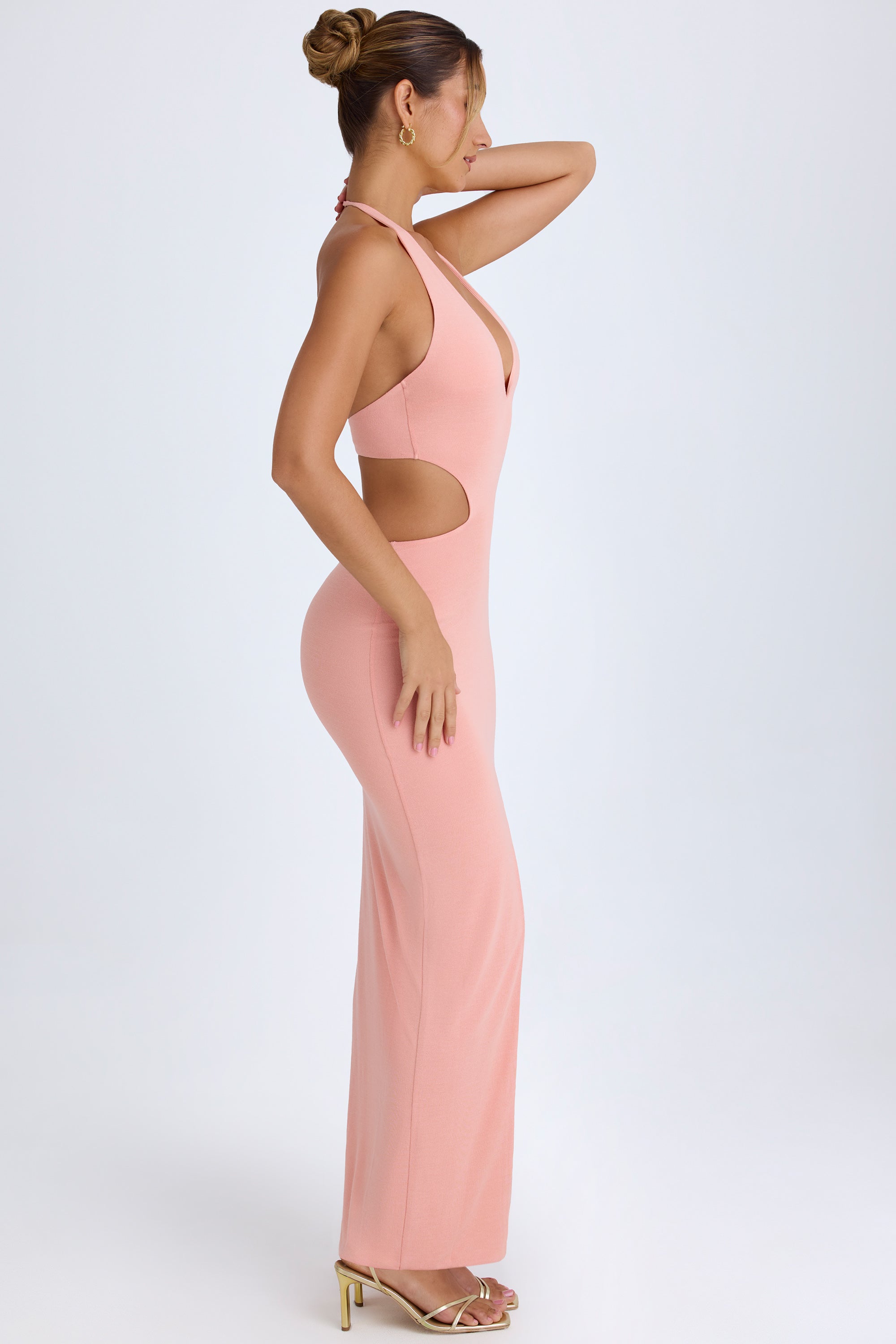 cut-out halterneck maxi dress in apricot pink Anneka Scarf-Detail Cut-Out Halterneck Maxi Dress in Warm Peach