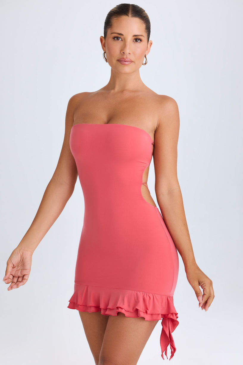 Ruffle-Trim Cut-Out Bandeau Mini Dress in Coral - 1