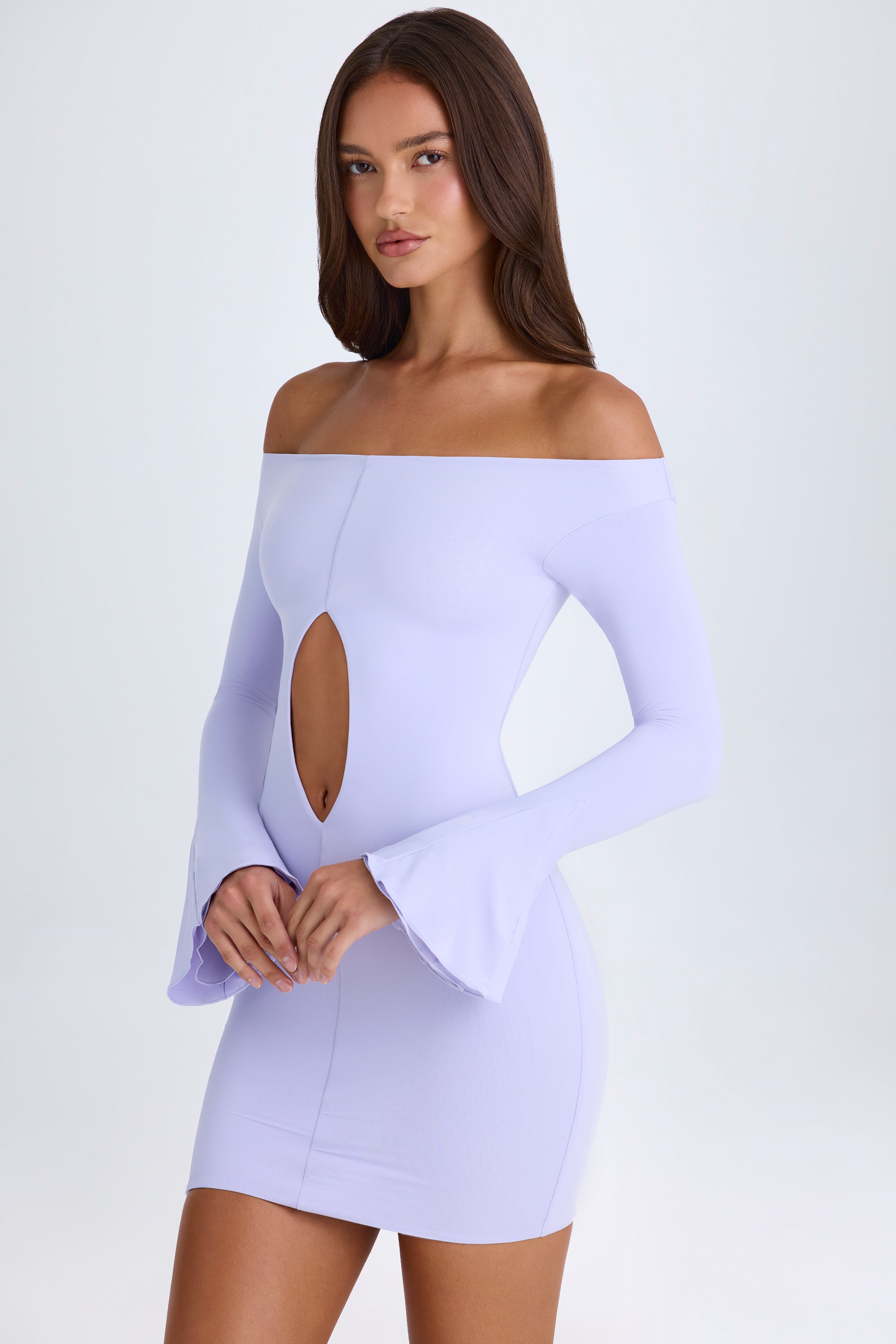 Madelina Off-Shoulder Cut-Out Mini Dress in Soft Lilac | Oh Polly