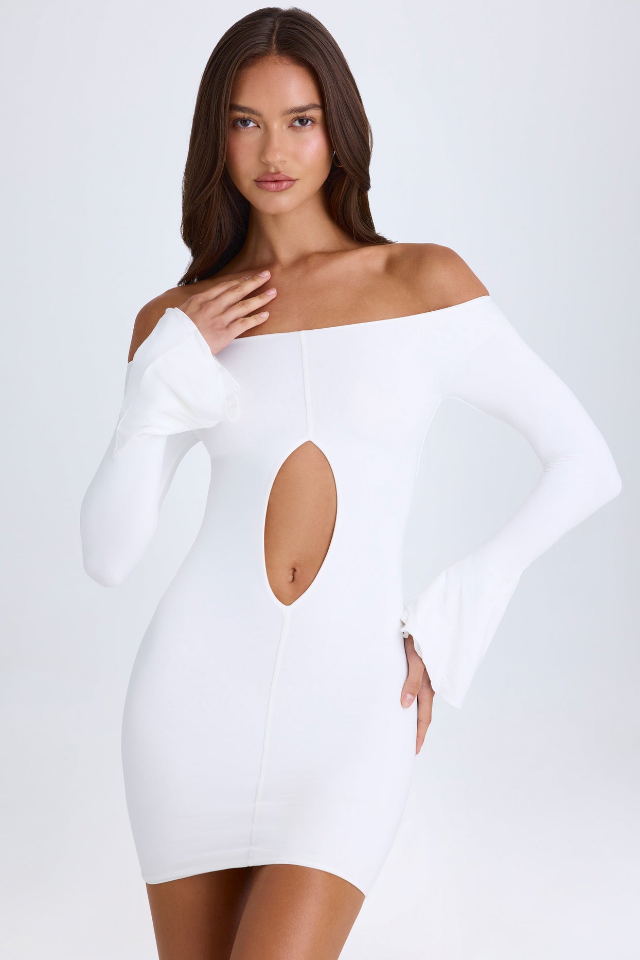 Off-Shoulder Cut-Out Mini Dress in White