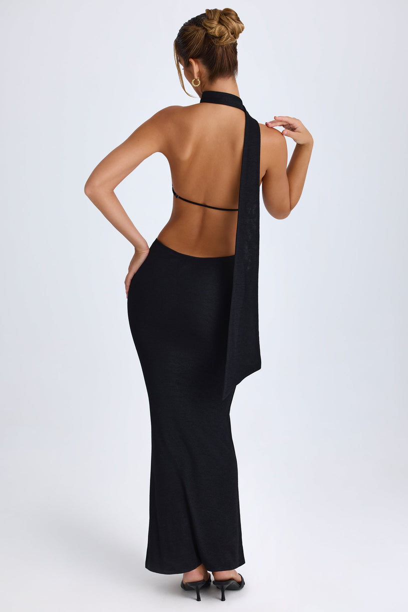 Scarf-Detail Cut-Out Halterneck Maxi Dress in Black - 2